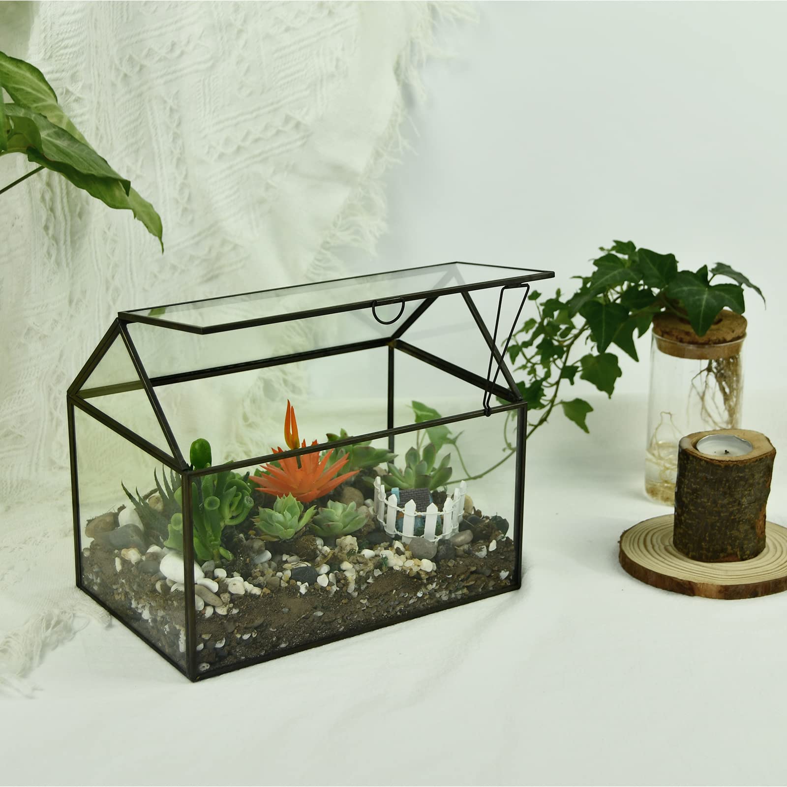 Large Glass Plant Terrarium Kit for Succulents - Black House Greenhouse Terrarium with Lip | Perfect for Indoor Plants, Home Decor & Office Desk Decorations