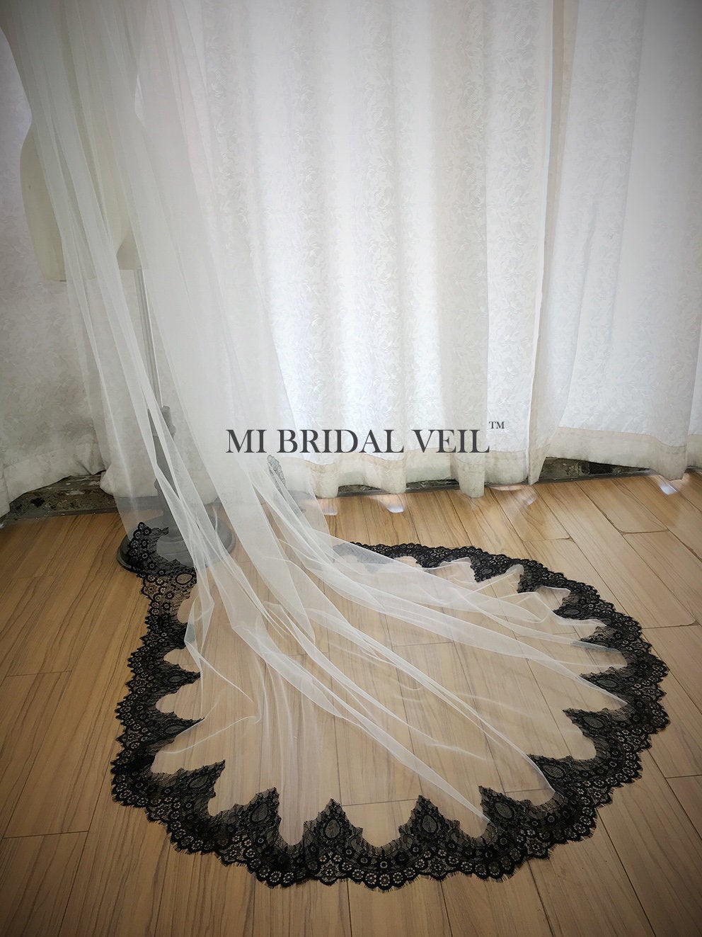 Elegant Black Lace Cathedral Wedding Veil with Delicate Bottom Lace Trim - Perfect for Bridal Dresses, Formal Weddings & Romantic Ceremonies