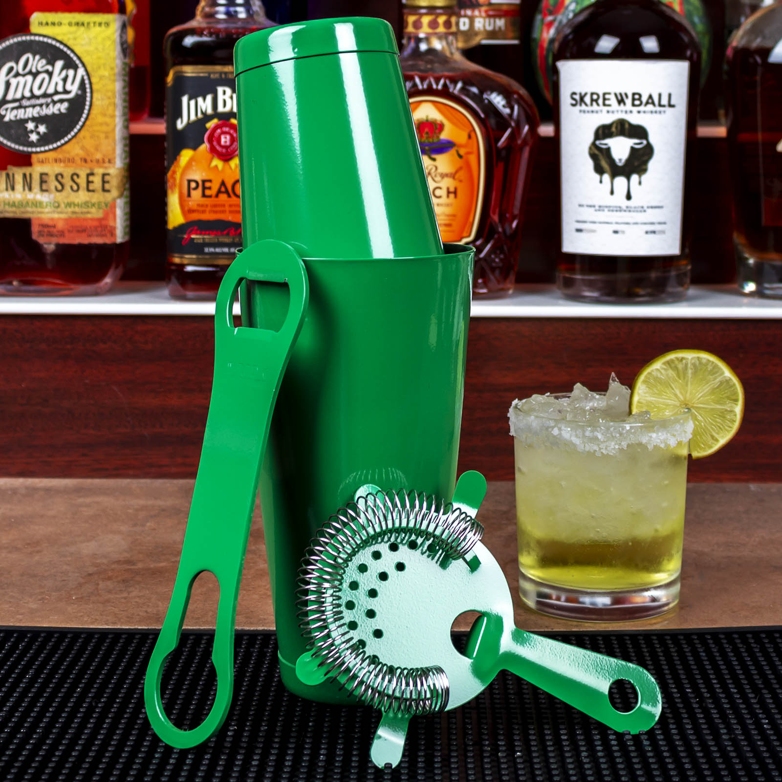 4-Piece Bar Set with V Rod® in Emerald Green - Perfect for Home Bars, Outdoor Patios, and Entertaining Guests