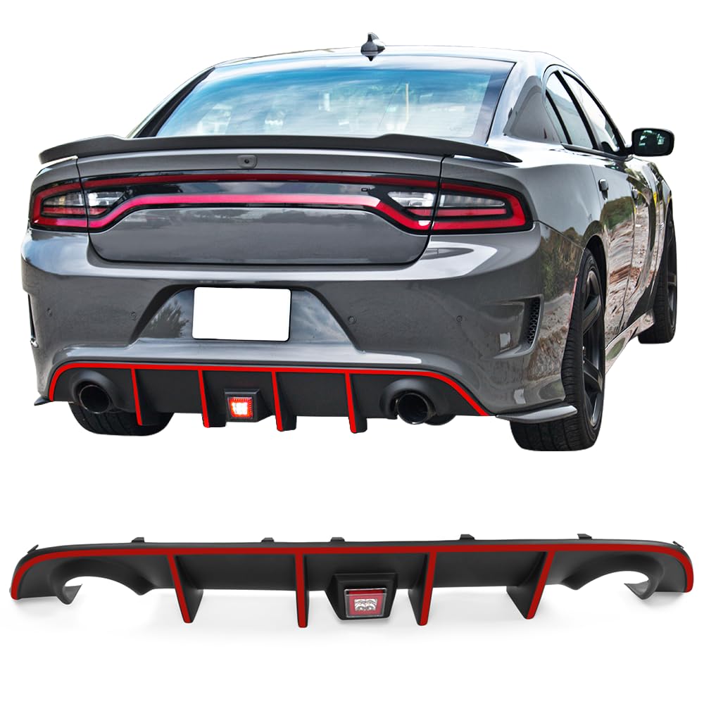 IKON MOTORSPORTS Rear Bumper Lip Diffuser with LED Brake Light & Red Reflective Tape - Compatible with 2015-2023 Dodge Charger SRT | Aggressive Style Upgrade for Street Racing & Car Shows