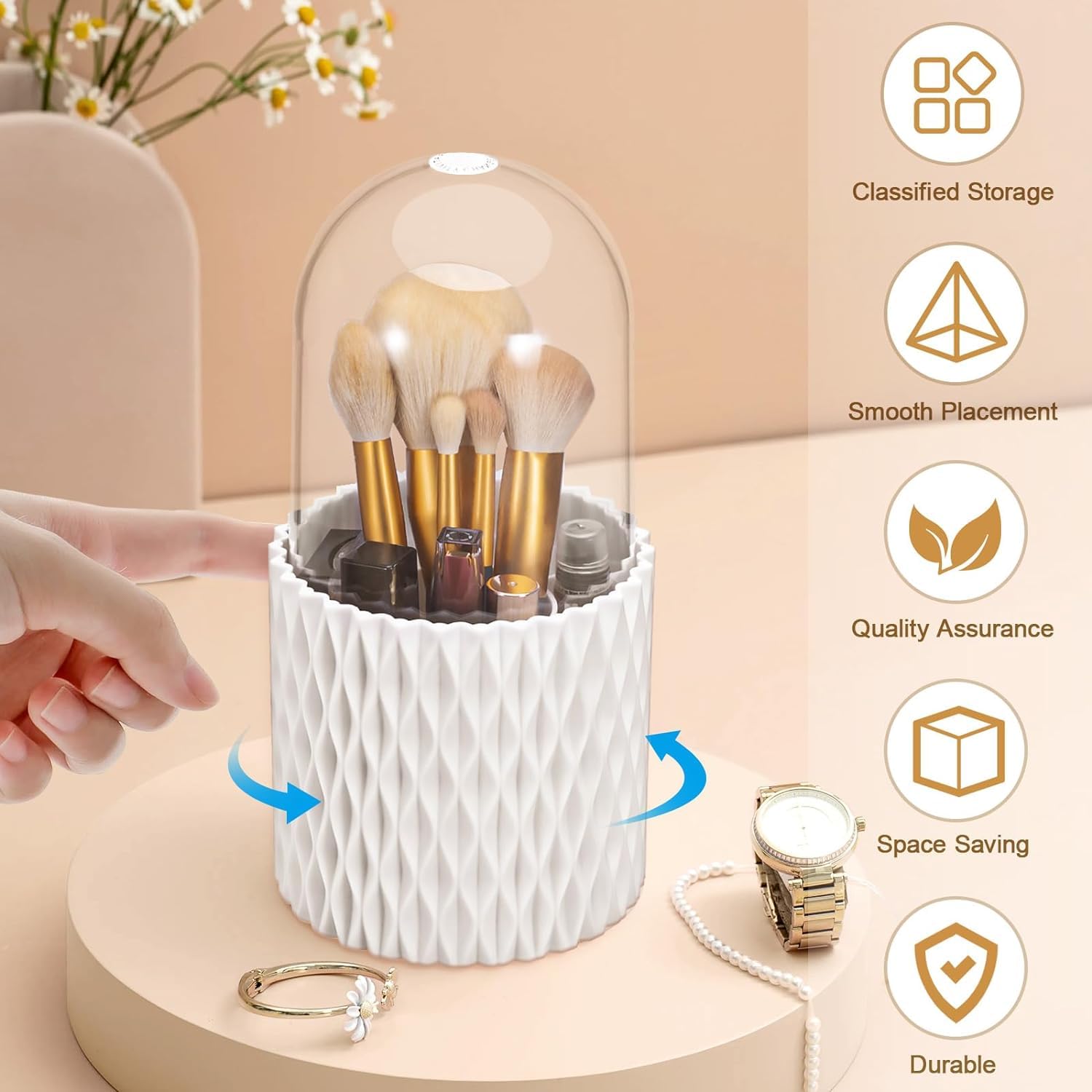 INOVERA 5 Slot Makeup Brush Holder | 360° Rotating Cosmetic Organizer with Dustproof Lid | Brush Storage Case for Women & Girls | Perfect for Vanity, Travel & Salon Use (White)