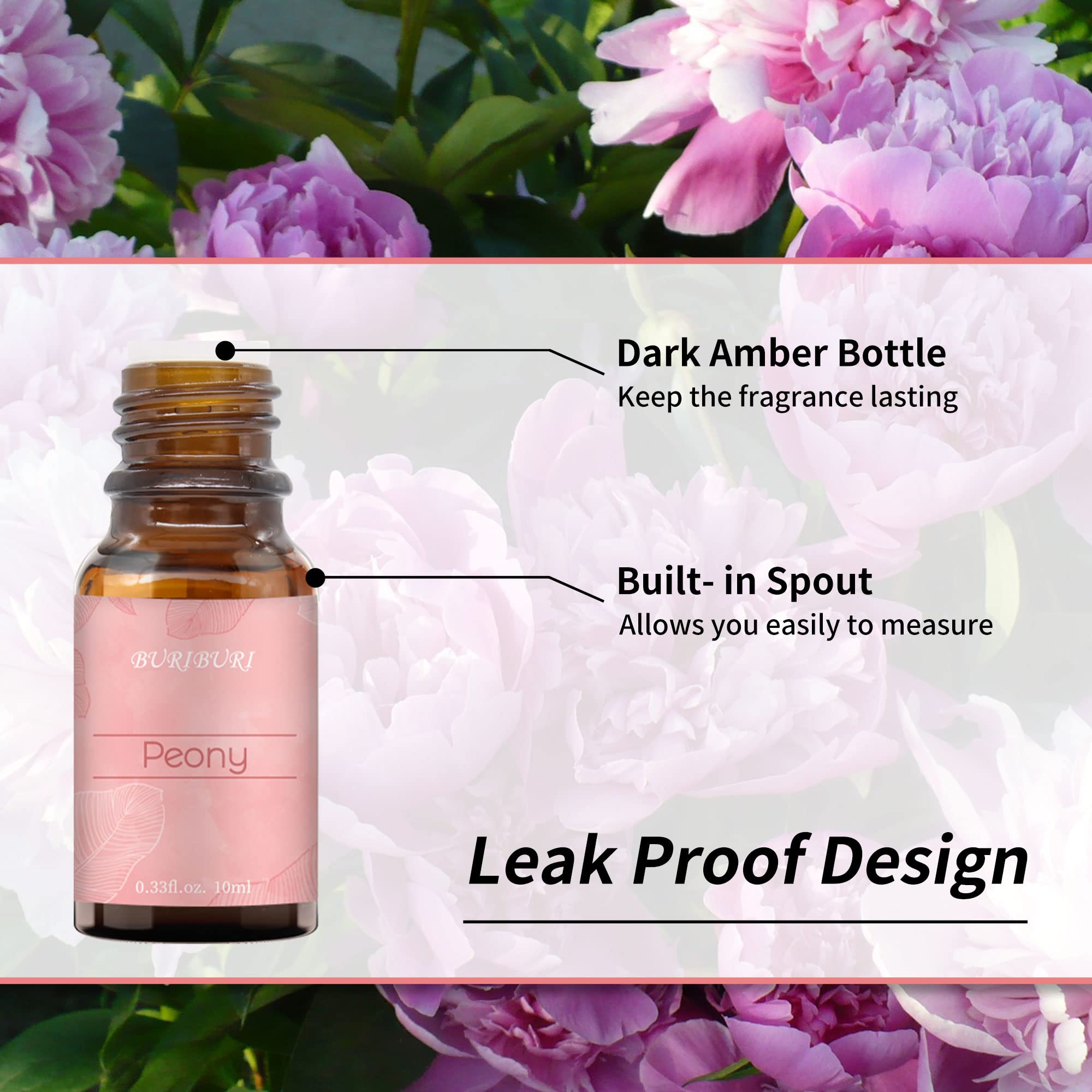 BURIBURI 100% Pure Rose & Peony Essential Oil Set (2 Pack, 10ml Each) - Aromatherapy Diffuser, Massage Oil, Soap Making for Relaxation & Skin Care