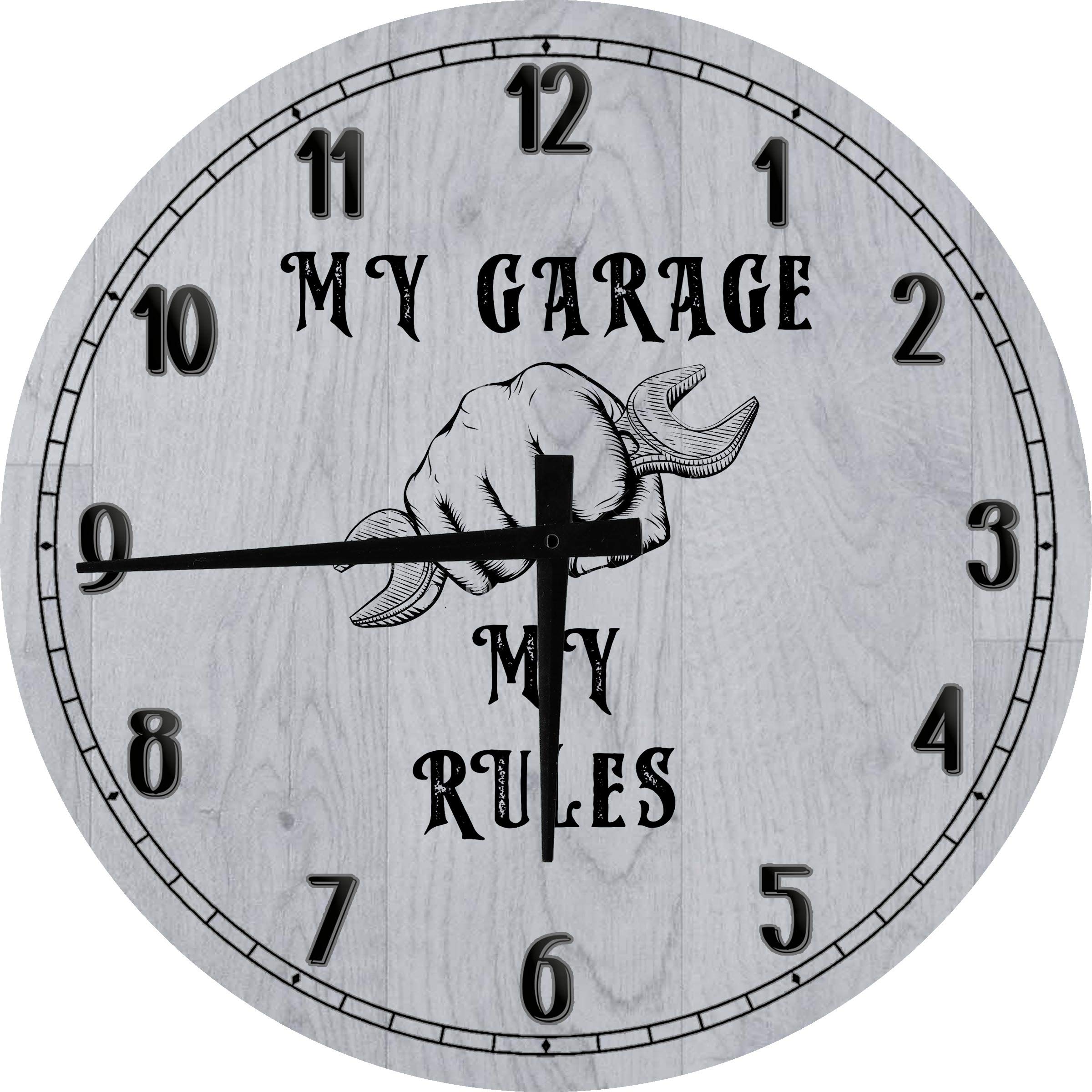 Men's My Garage My Rules 24 Inch Large Round Wall Clock - Battery Operated Gray for Home, Workshop & Man Cave Decor