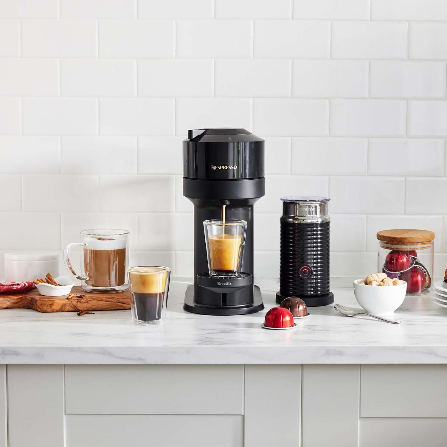 Nespresso Vertuo Next Coffee Machine by Breville with Aeroccino Milk Frother - Limited Edition Black Gloss - Perfect for Home & Office Espresso Lovers