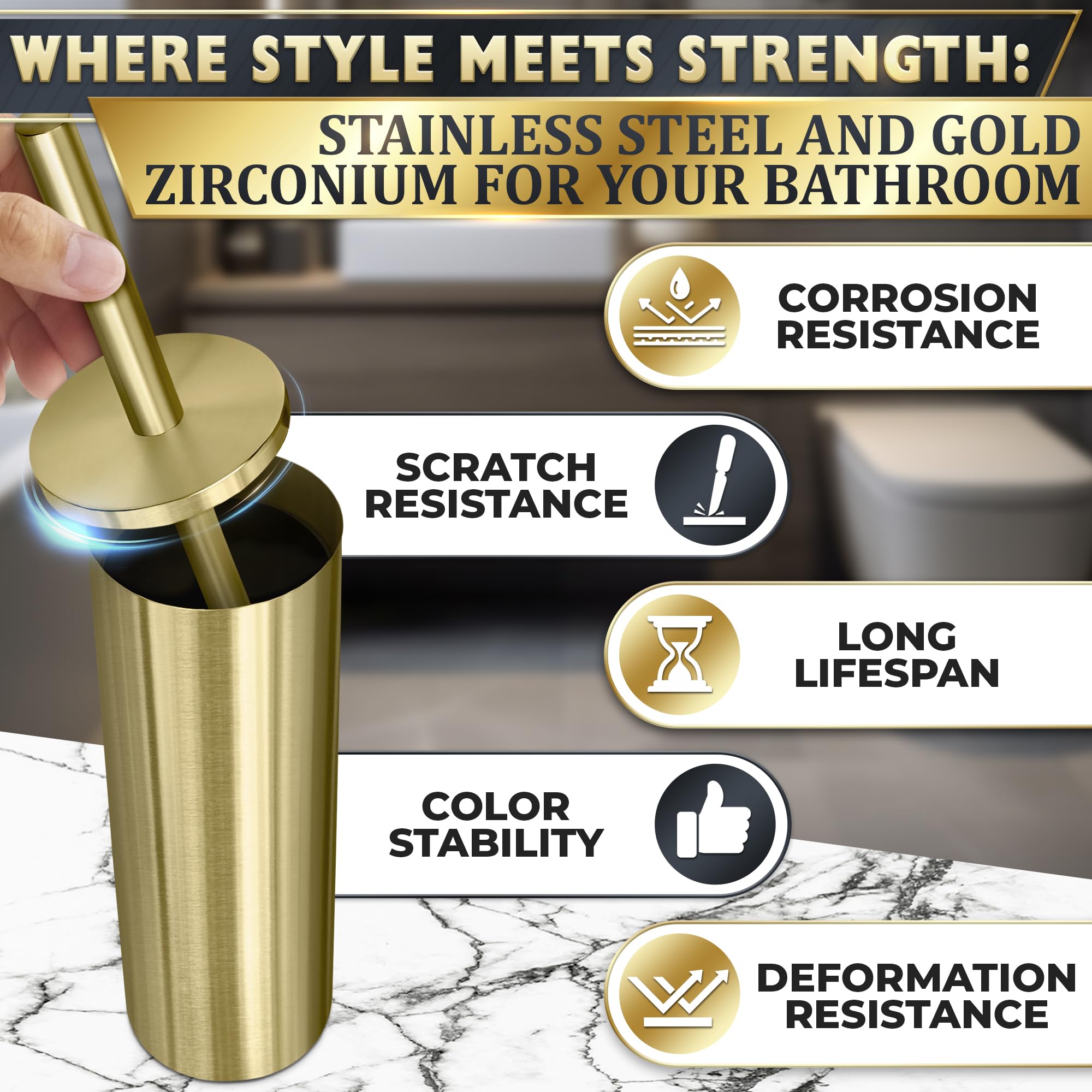 Gold Toilet Brush and Holder Set - Stainless Steel Toilet Bowl Cleaner with Replaceable Head & Splash Guard - Dense Bristles for Deep Cleaning - Perfect for Bathroom, Toilet, and Household Cleaning
