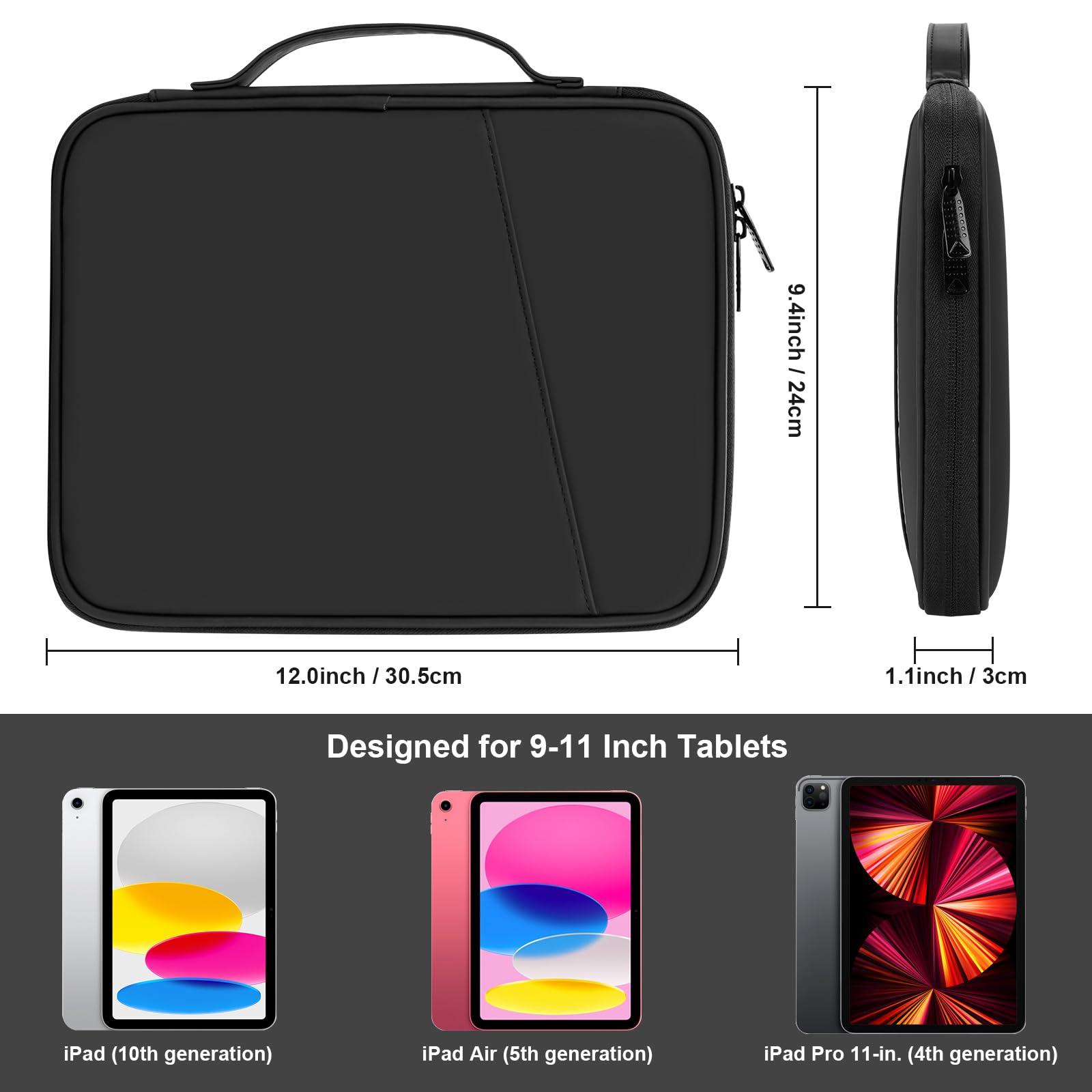 9-11 Inch Tablet Carrying Case - Shockproof Padded Sleeve Bag for iPad Pro 11 (M4), iPad 10.9 (10th Gen), iPad Air 11 (M2), Galaxy Tab S9/S8 - Perfect for Travel, Office & School (PU-Black)
