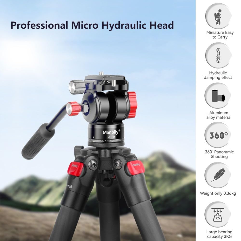 HUIOP VH-1 Compact Aluminum Alloy Video Fluid Tripod Head - 3kg/6.61lbs Load Capacity, Pan Tilt & Panorama Ballhead with Quick Release Plate - Perfect for DSLR Cameras, Video Shooting & Travel Photography