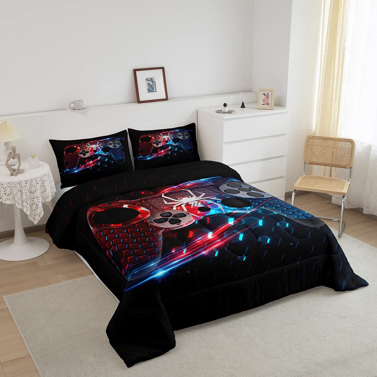 Erosebridal Boys Bedding Set King Size - Honeycomb Pattern Gaming Comforter Set for Kids & Toddlers, Red & Blue - Perfect for Teen Bedrooms, Gaming Rooms & Sleepovers