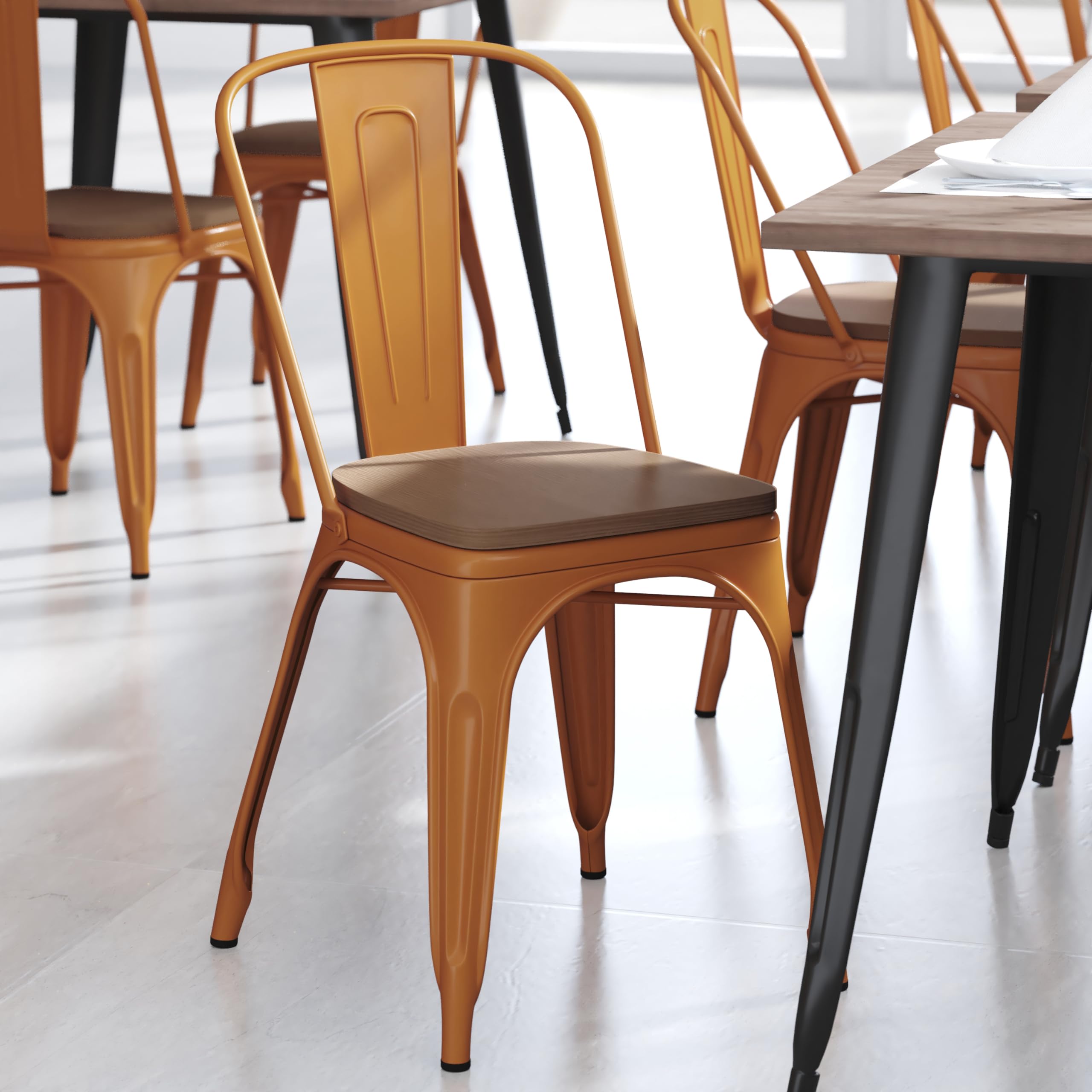 Commercial Stackable Chairs for Indoor & Outdoor Use - Durable Orange Metal Frame with Comfortable Teak Poly Resin Seat - Rounded Edges for Comfort - Perfect for Restaurants, Cafes, Events & Patio Seating