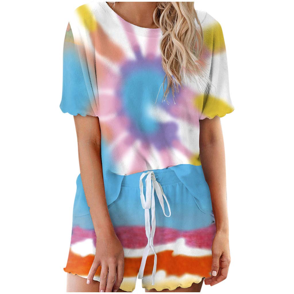 Tie Dye Pajama Set for Women - 2 Piece Printed Lounge Wear with Ruffle Detail, Soft Sleepwear & Comfortable Loungewear for Relaxing at Home, Yoga, or Vacation