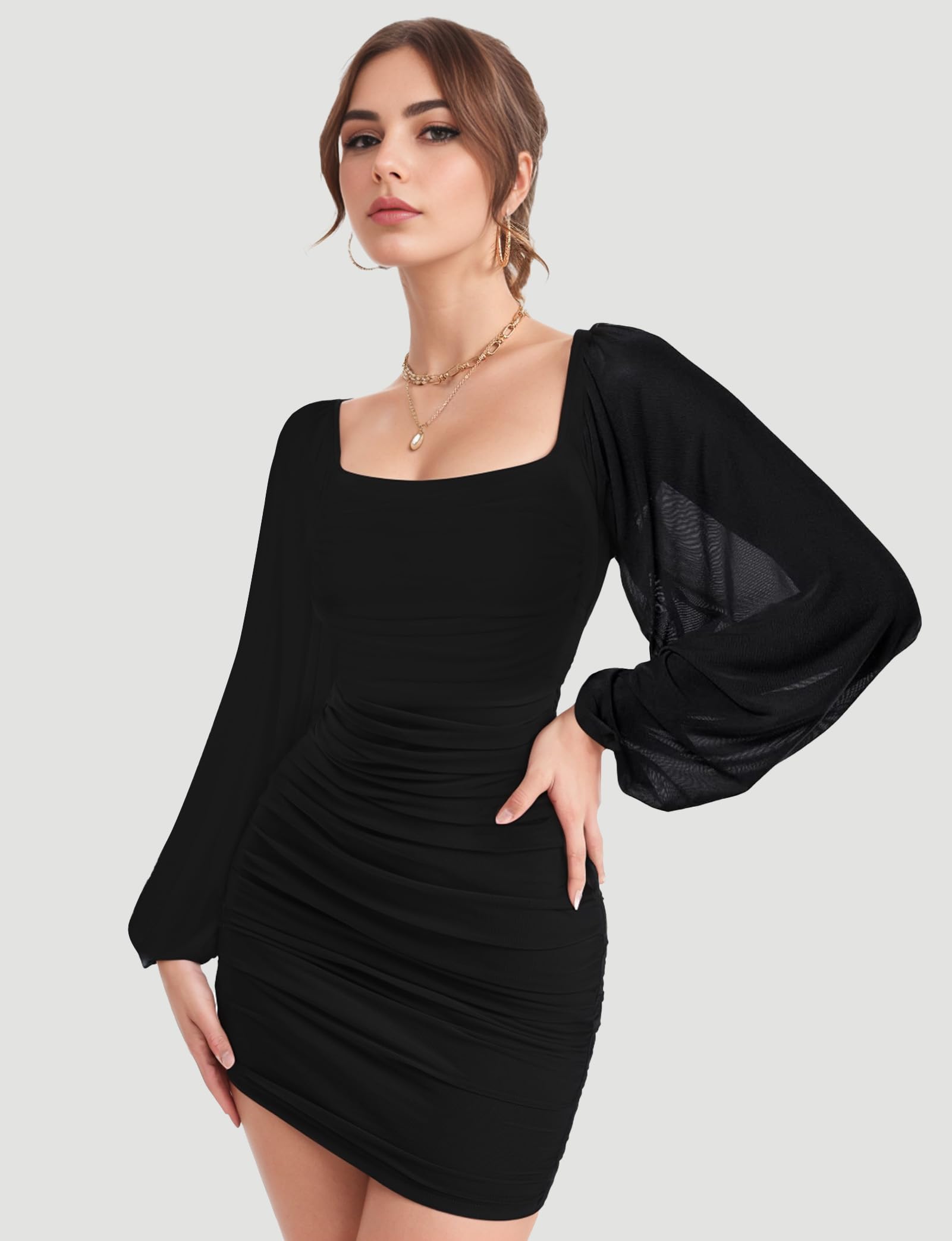 Women's Sexy Long Sleeve Bodycon Mini Dress - White/Black/Pink/Green Mesh Square Neck Ruched Party Club Cocktail Dress | Perfect for Prom, Graduation, Banquet, Cocktail Parties & Formal Events