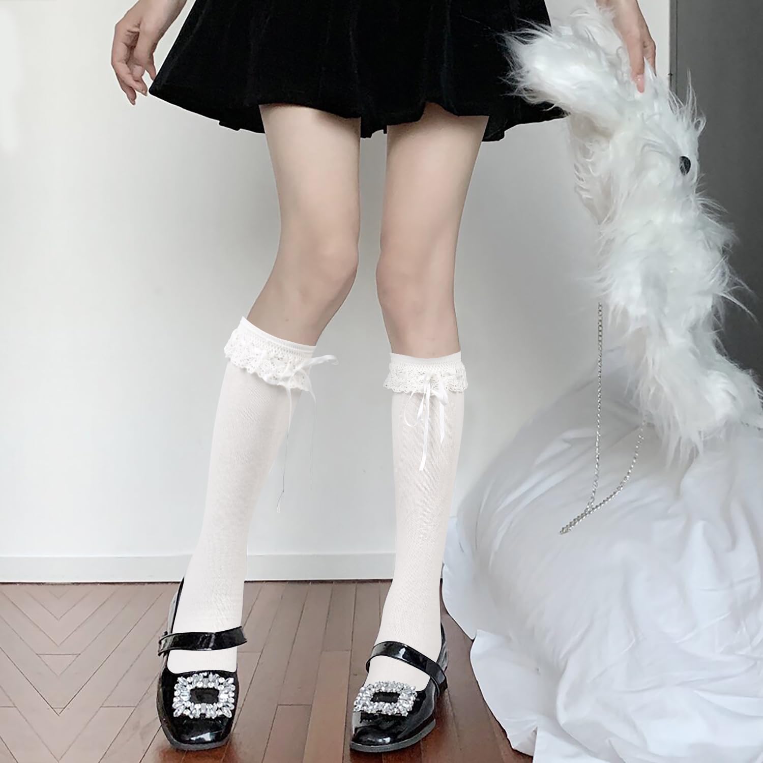 Benefeet Women's Lace Ruffle Knee High Socks - Kawaii Lolita Stockings in Black & White | Cute Fashion Socks for Cosplay, Daily Wear & Anime Outfits