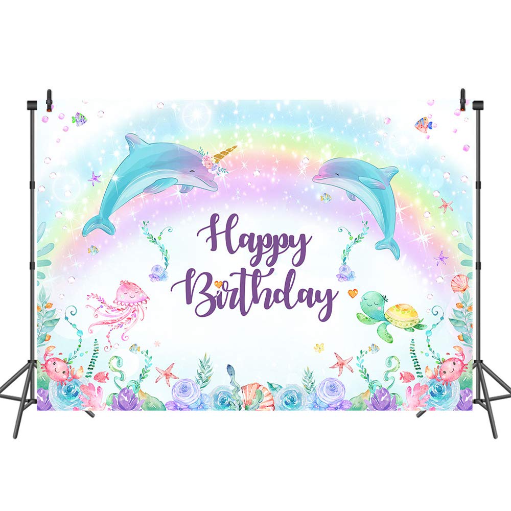 Under The Sea Backdrop for Girls - 7x5ft Purple Floral Glitter Bubble Rainbow Dolphin Vinyl Background | Perfect for Birthday Parties, Baby Showers & Underwater Themed Events