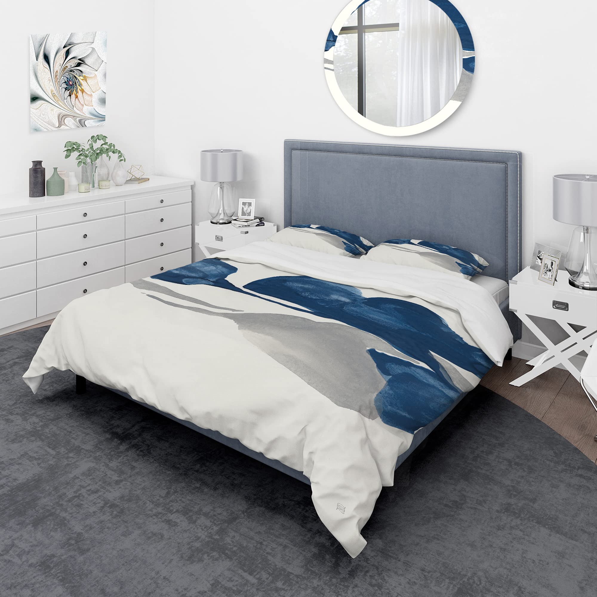 DesignQ Gouache Sapphire on Gray III Nautical Coastal Duvet Cover Set - Blue Queen Size Bedding (3-Piece) | Abstract Ocean-Themed Comforter Cover for All Seasons | Perfect for Beach House, Coastal Decor & Nautical Bedroom Themes