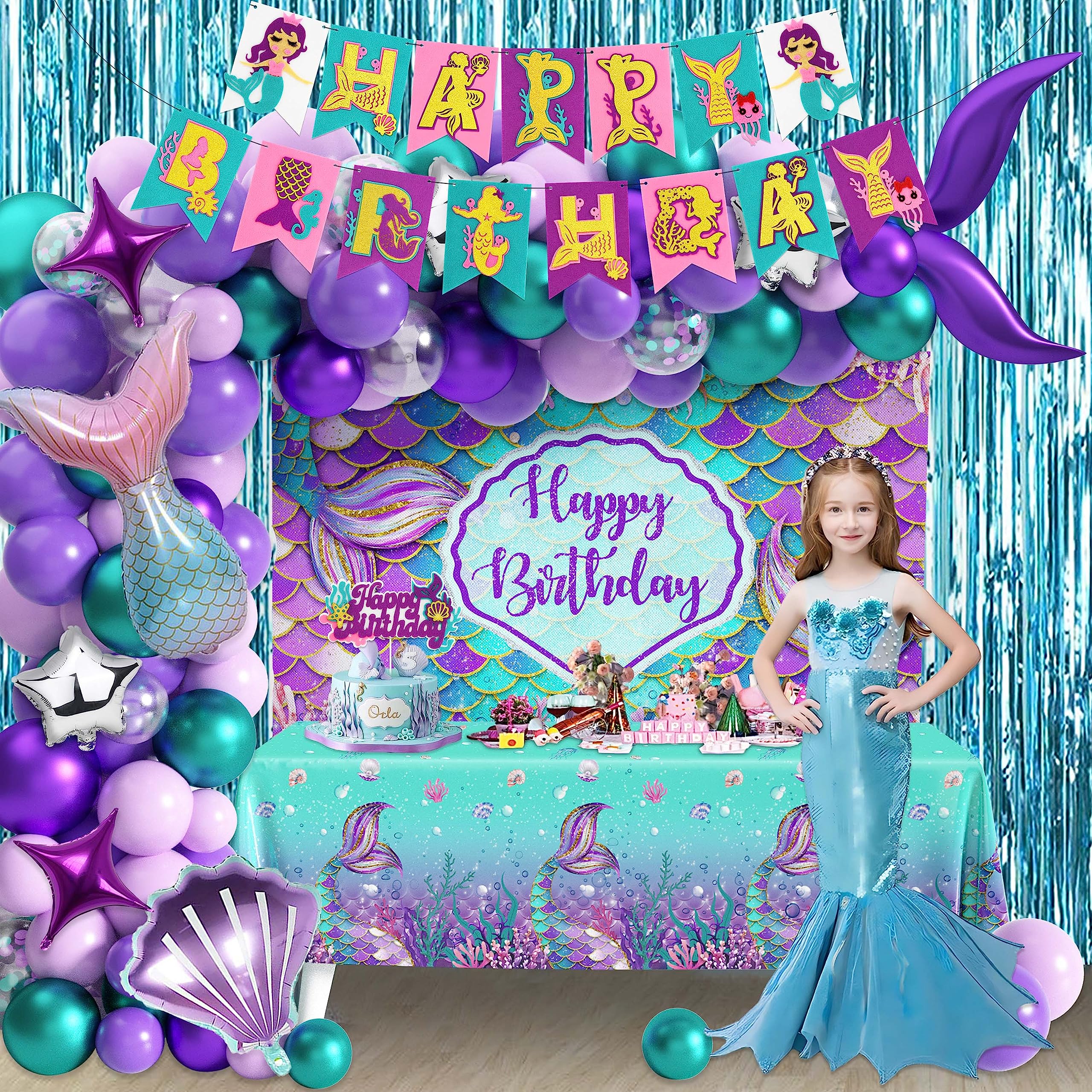109Pcs Mermaid Birthday Party Decorations Kit for Girls - Includes Tablecloth, Backdrop, Banners, Cake Toppers, Foil & Latex Balloons, Fringe Curtains - Perfect for Mermaid Themed Parties, Baby Showers & Under the Sea Events