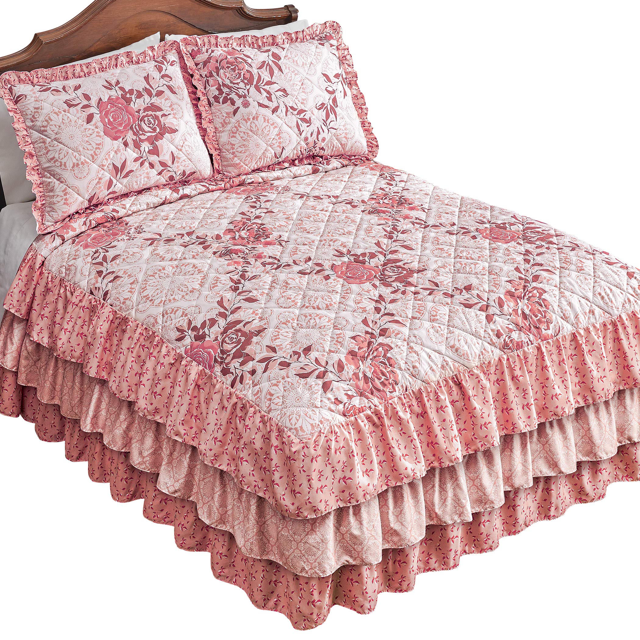 Lovely Rose Floral Trellis Ruffle Quilted Bedspread - Elegant Home Decor for Bedroom, Guest Room & Dorm - Soft & Comfortable Queen Size Coverlet