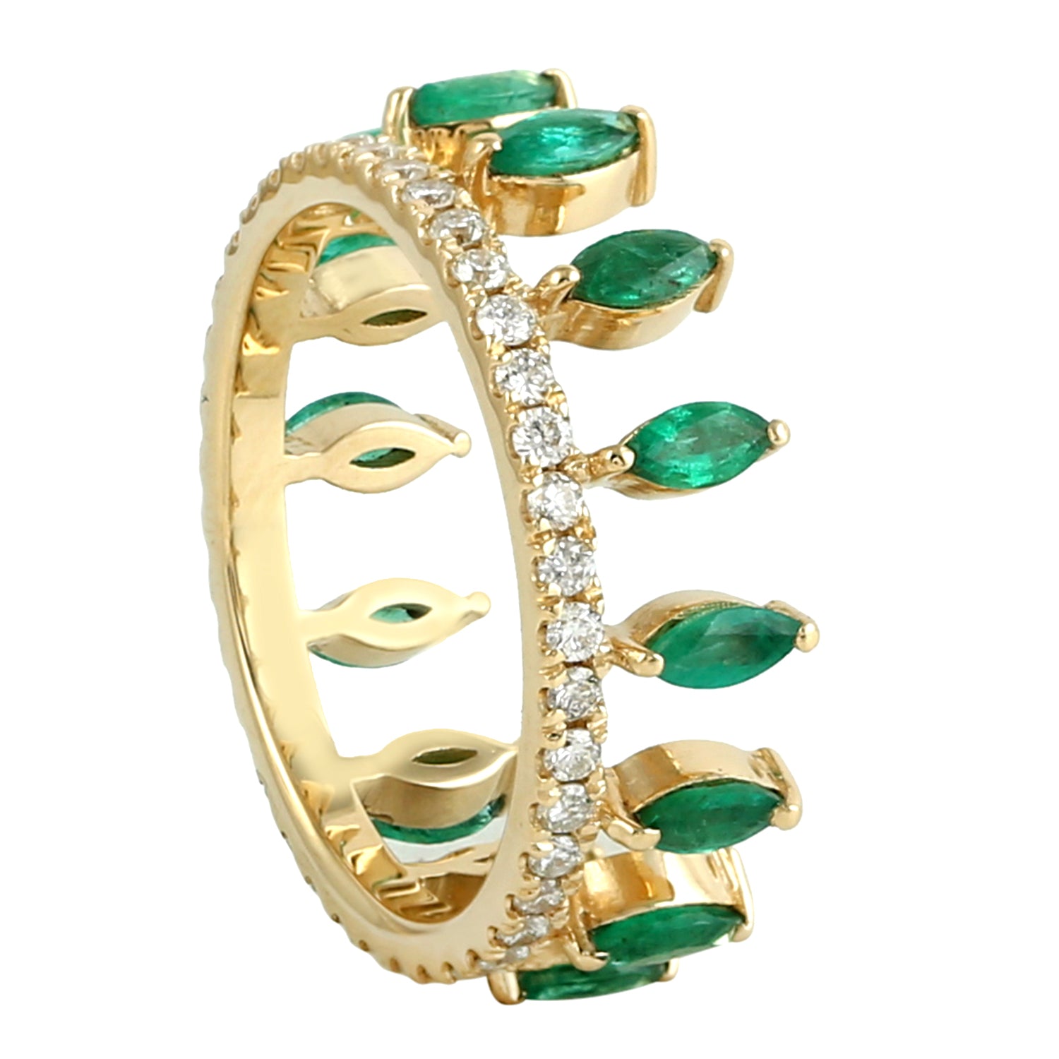 Exquisite Marquise Cut Emerald & Pave Diamond Tiara Band Ring in 18K Yellow Gold - Perfect for Weddings, Prom & Special Occasions