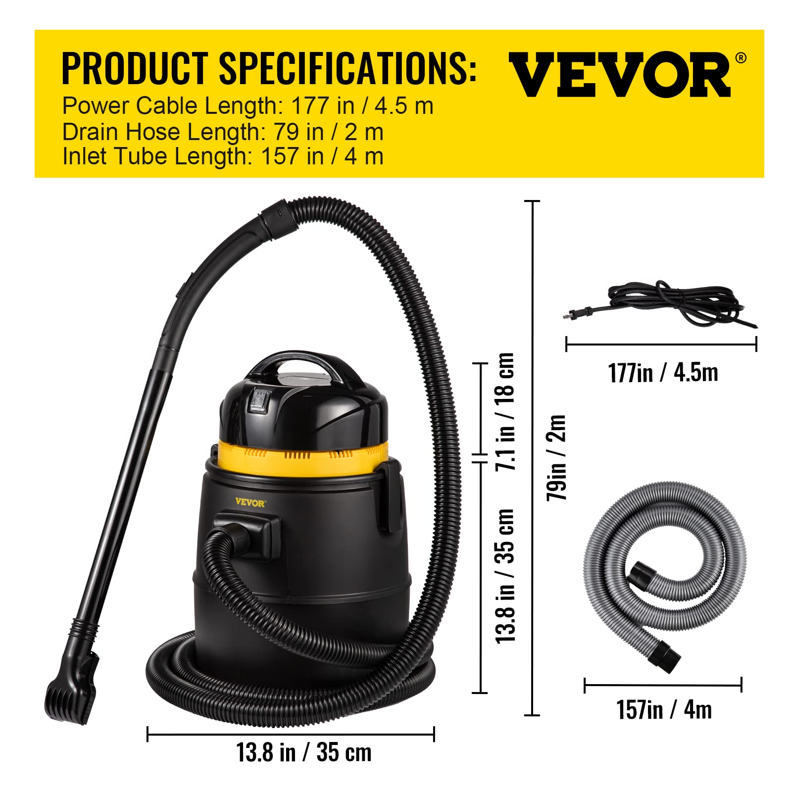 VEVOR 1400W Powerful Pond Vacuum Cleaner with 15ft Electric Wire, 4 Brush Heads & 4 Extension Tubes - Above Ground Pool Cleaner for Leaves, Algae & Debris - Perfect for Koi Ponds, Water Gardens & Outdoor Fountain Maintenance