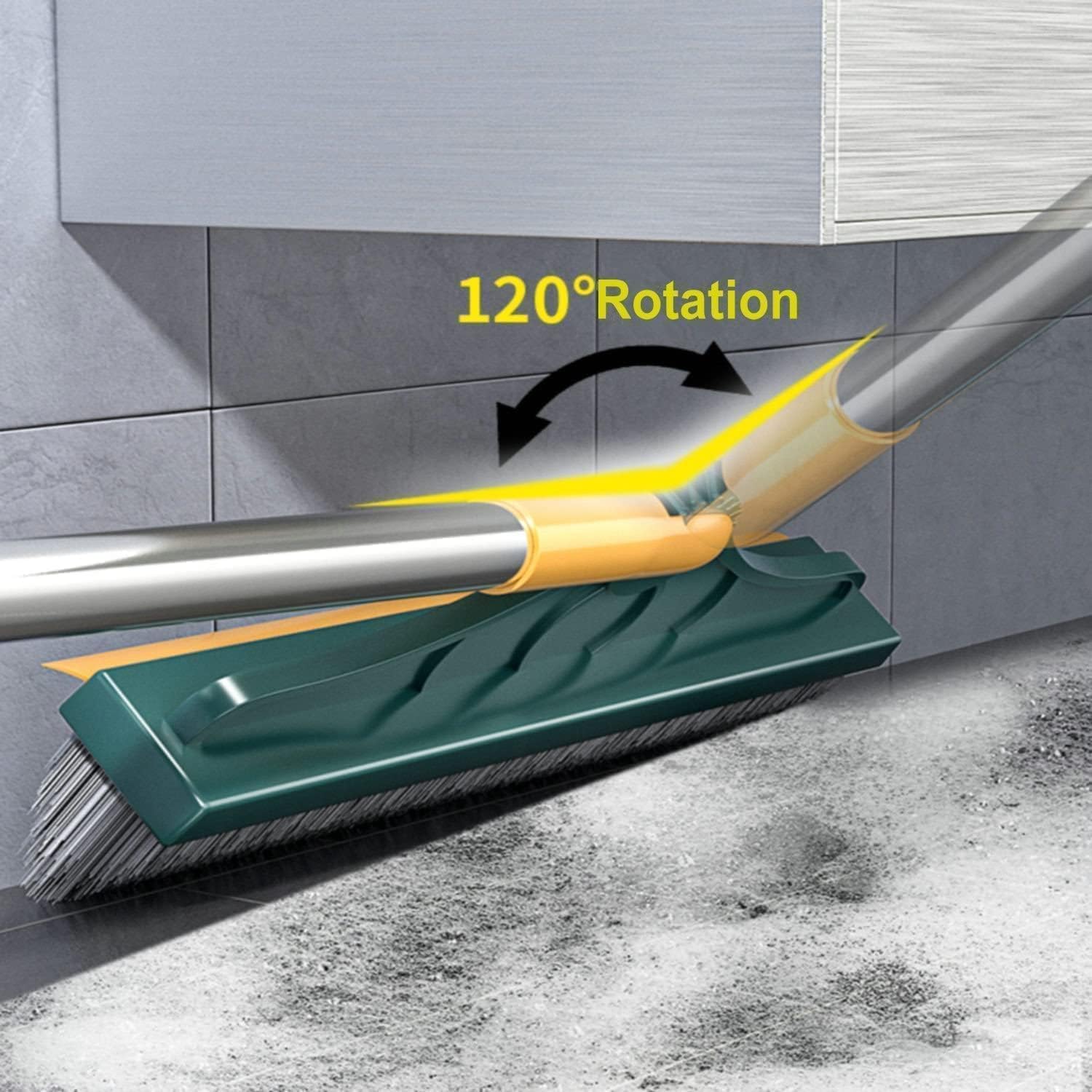 2-in-1 Bathroom Cleaning Brush with Wiper & Long Handle - 120° Rotating Tile & Floor Scrub Brush for Shower, Bathtub & Hard Surfaces - Home Cleaning Tool (Yellow & Silver) - Perfect for Deep Cleaning Grout, Corners & Hard-to-Reach Areas