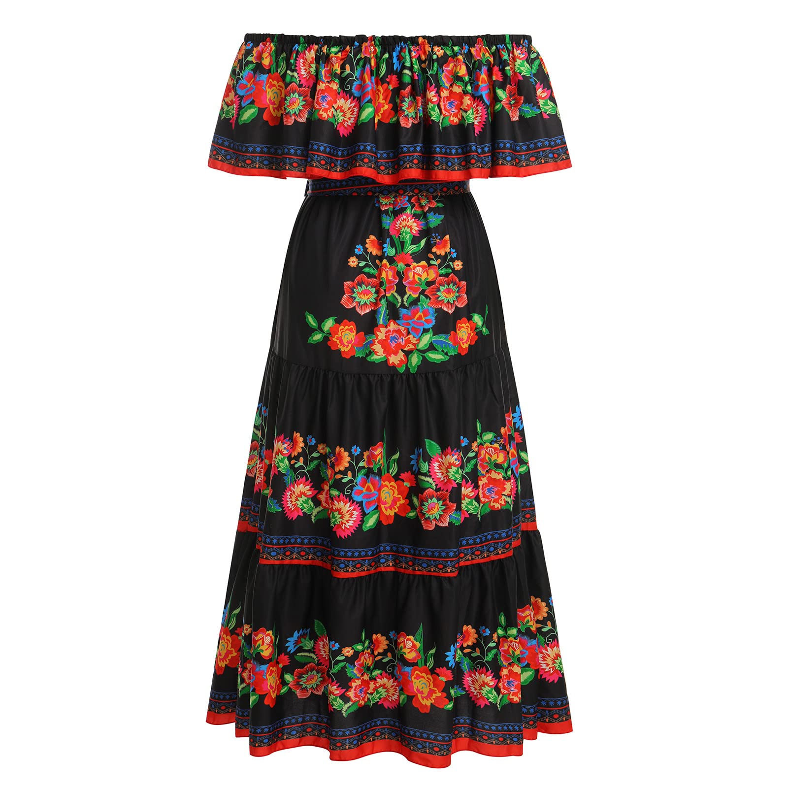 ABAFIP Women's Floral Off-Shoulder Mexican Maxi Dress - Sleeveless Summer Beach Long Dress with Traditional Embroidery | Perfect for Vacations, Boho Parties & Tropical Getaways