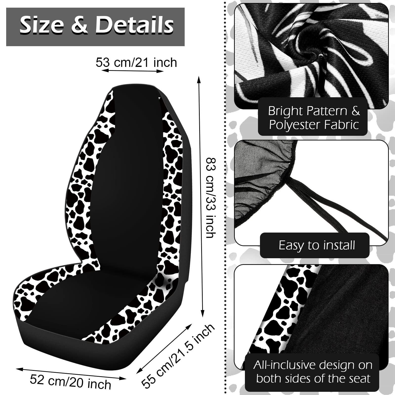 Cow Print Car Seat Covers Full Set - Universal Fit for Cars, Trucks & SUVs | Non-Slip Rubber Steering Wheel Cover, Armrest Pads & Seat Belt Covers | Fun Cow Pattern Car Accessories for Women & Men | Perfect for Road Trips, Daily Commute & Gift Giving