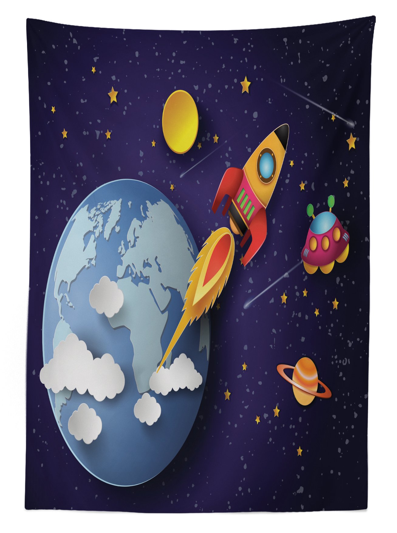 Ambesonne Outer Space Tablecloth - Galaxy, Rocket, Planets, Stars & UFO Print - Washable Picnic Table Cover 58x104 Inches - Perfect for Outdoor Dining, BBQs, Birthday Parties & Space-Themed Decor