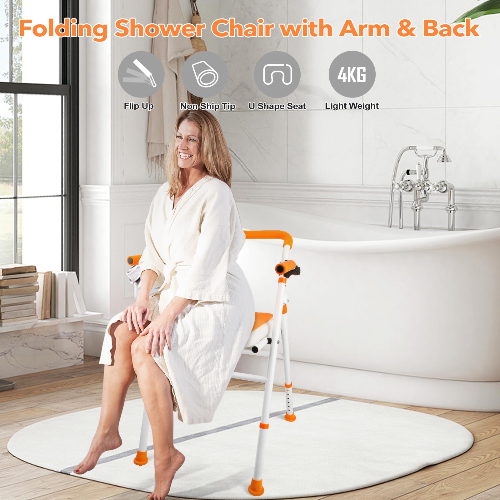 Foldable Shower Chair with Arms & Back - Adjustable Height Portable Bath Seat for Elderly, Seniors & Disabled - Non-Slip Folding Shower Stool for Safe Bathing & Shower Assistance (Ideal for Home Care, Rehabilitation & Mobility Support)