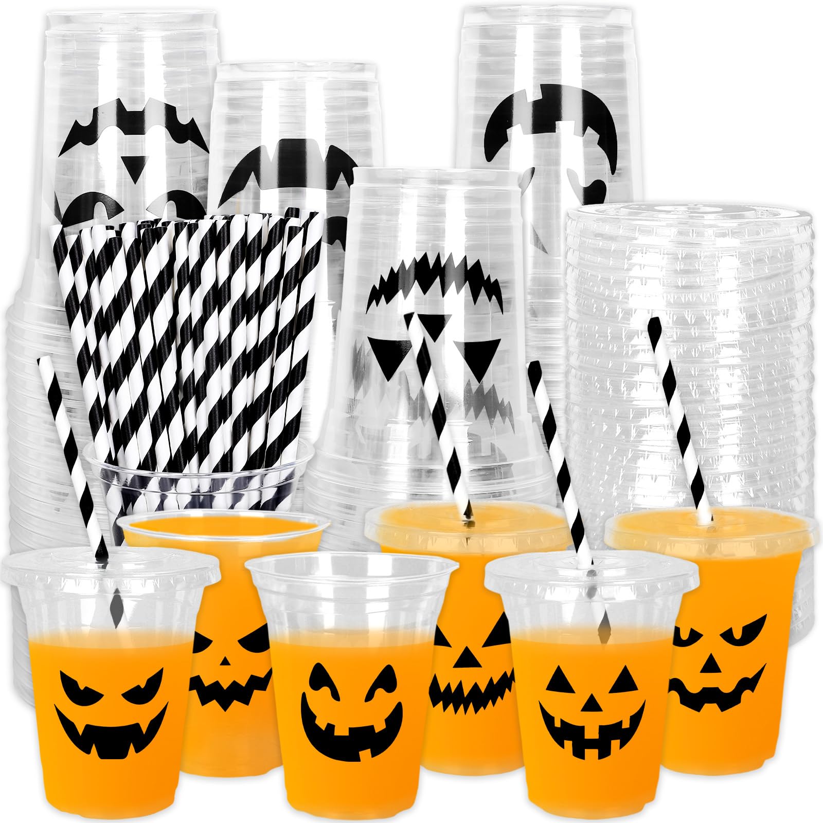 Whaline 60Pcs Halloween Disposable Plastic Cups with Lids and Straws - 12oz Jack-O-Lantern Pumpkin Design Cold Beverage Drinking Cups for Trick or Treat Party, Halloween Decorations, and Fall Festival Celebrations - Perfect for Halloween Parties, Thanksgiving Gatherings, and Seasonal Events