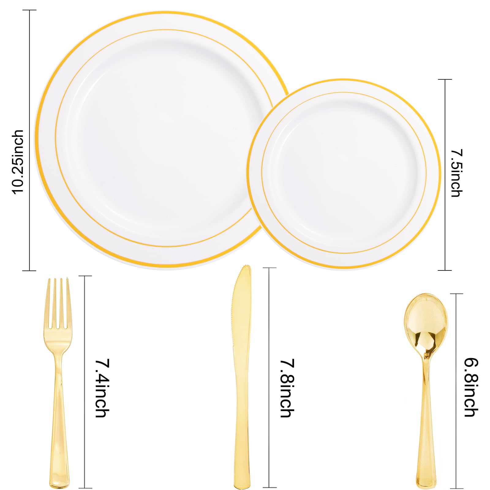 DaYammi 250-Piece Gold Plastic Dinnerware Set - 50 Gold Rim Dinner Plates, 50 Salad Plates, 50 Plastic Silverware Sets - Elegant Disposable Tableware for Weddings, Parties, Banquets & Special Events