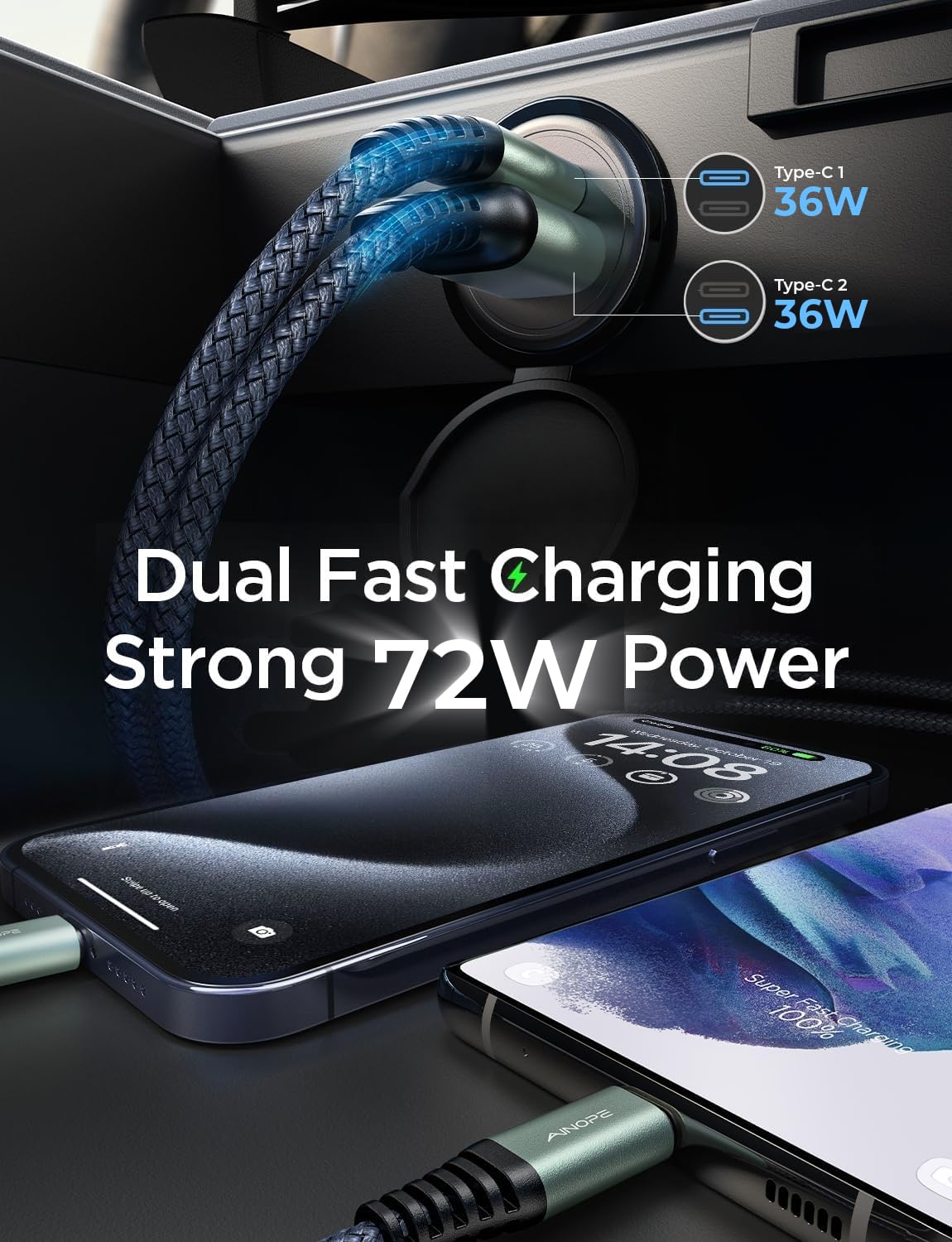 72W AINOPE USB C Car Charger with PD36W & QC36W Fast Charging - All Metal USB C Car Adapter with 3.3ft USB C Cable - Compatible with iPhone 16 Pro Max, Samsung Galaxy, iPad - Perfect for Road Trips & Daily Commute