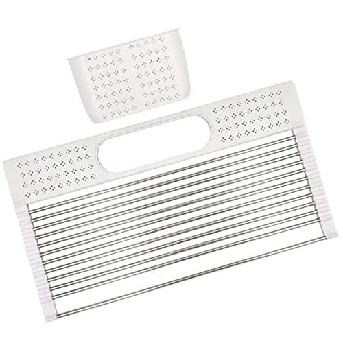 Stainless Steel Over The Sink Dish Drying Rack with Utensil Holder - Large Roll Up Kitchen Drainer for Dishes & Cups (White) | Space Saving Countertop Organizer for Small Kitchens & Apartments