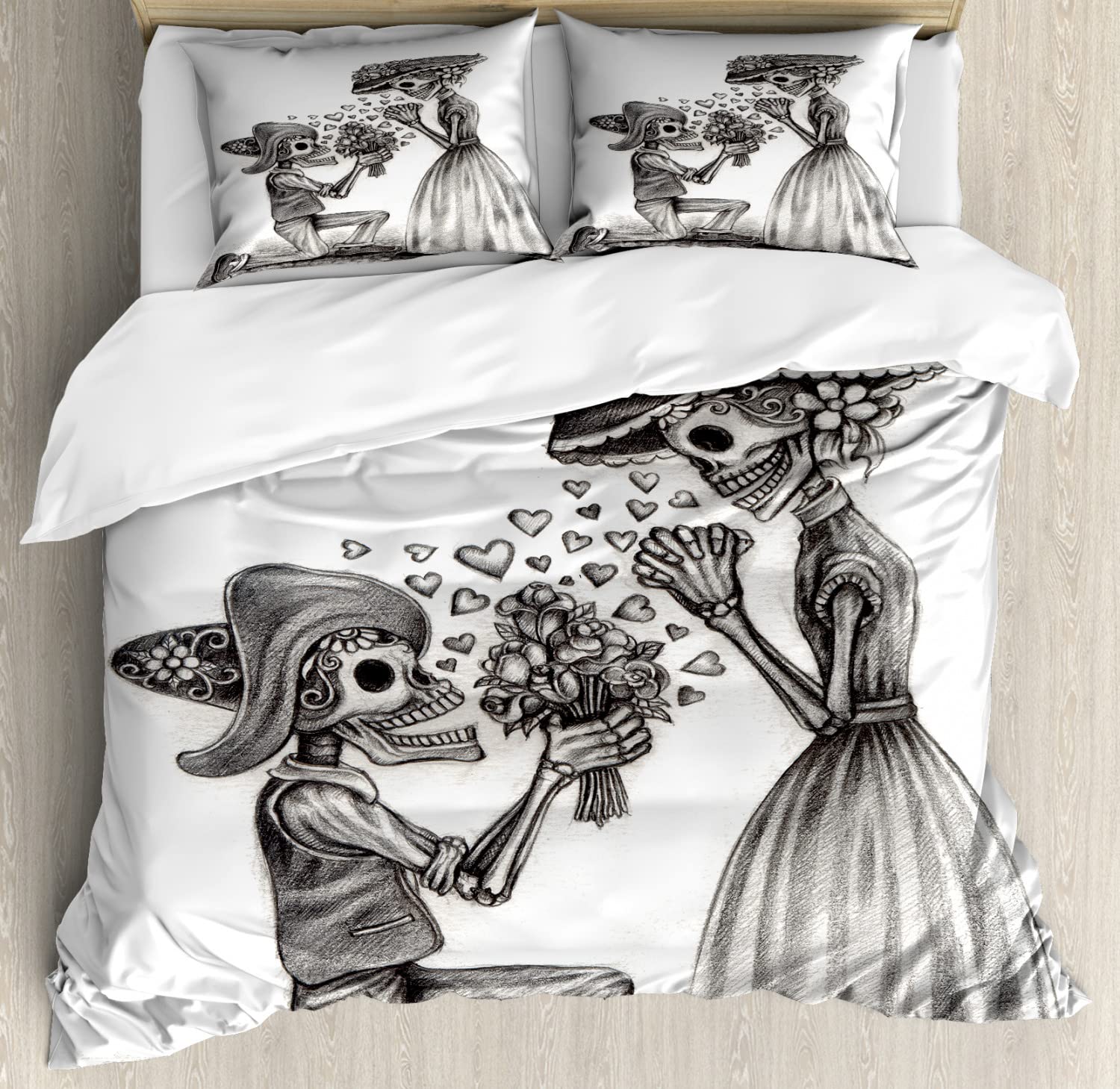 Ambesonne Day of The Dead Duvet Cover Set - 2 Pack King Size, Dimgrey & White - Mexican Sugar Skull Print Bedding with 2 Duvet Covers & 4 Pillowcases - Perfect for Halloween Decor, Dia de Los Muertos Celebration, and Gothic Bedroom Theme