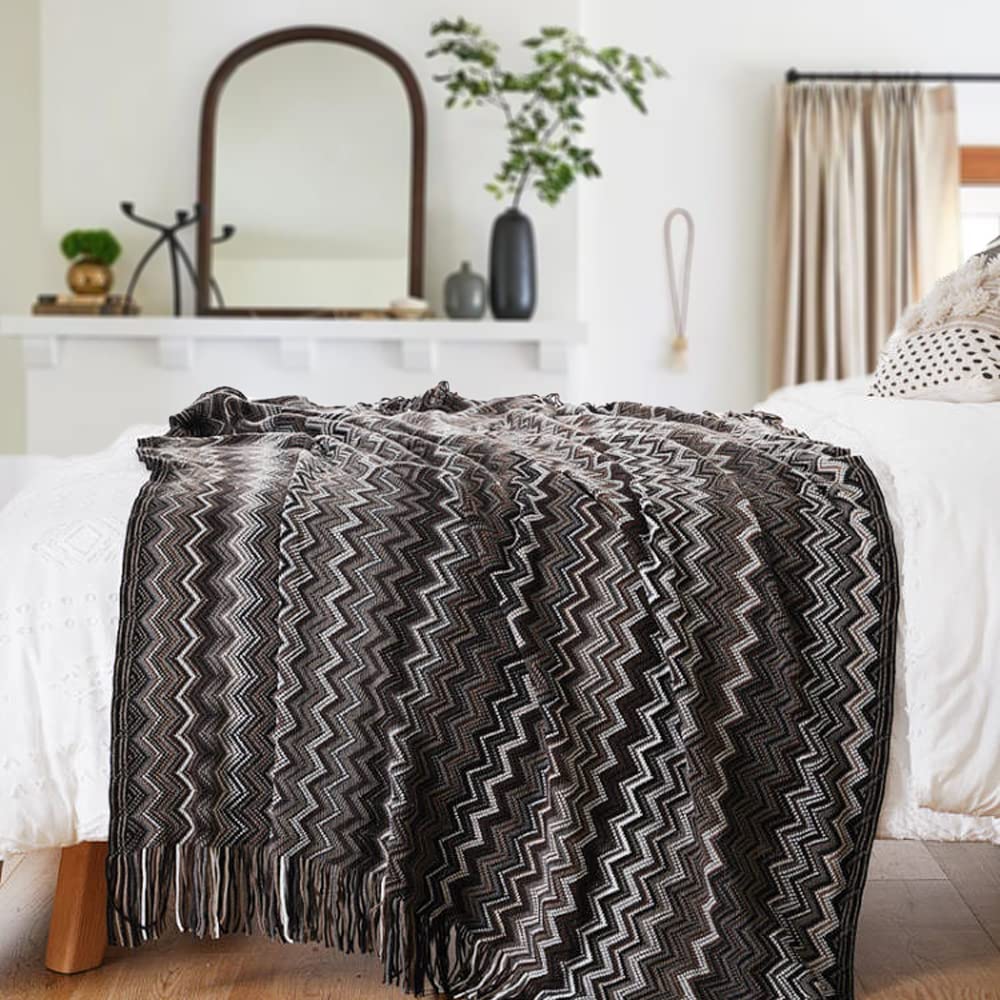 BATTILO HOME Boho Knitted Throw Blanket - Black Soft Mexican Blanket with Tassels (50