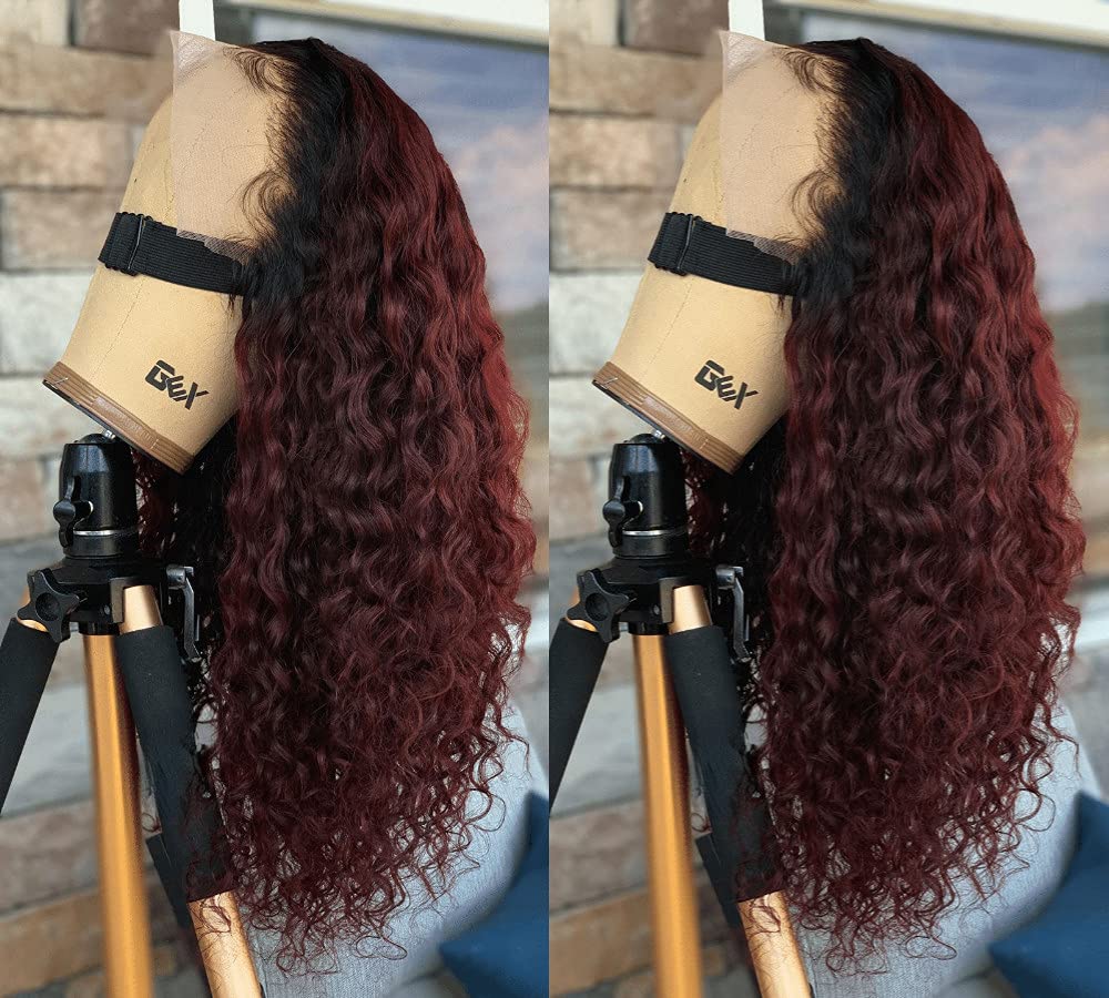 Ombre Curly Transparent Lace Front Human Hair Wig - Pre Plucked 1B/99J Water Wave 13×6 Lace Frontal Wig for Black Women | Bleached Knots, Glueless, Brazilian Remy Hair 150% Density 20 Inch | Perfect for Daily Wear, Parties & Special Occasions