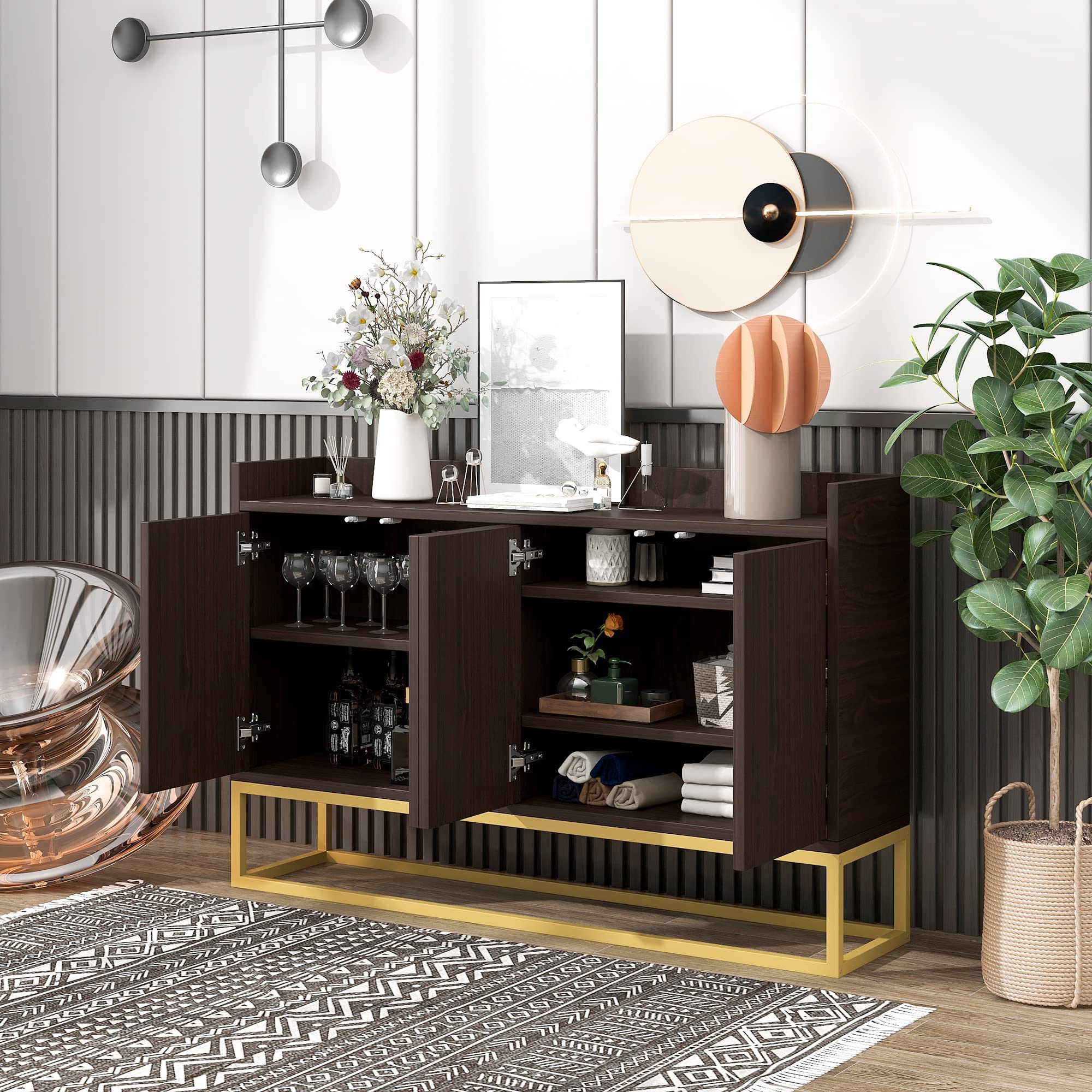 Modern Espresso Sideboard Console Table with Metal Legs & Adjustable Shelf - Elegant Buffet Cabinet for Dining Room, Living Room Storage & Home Organization