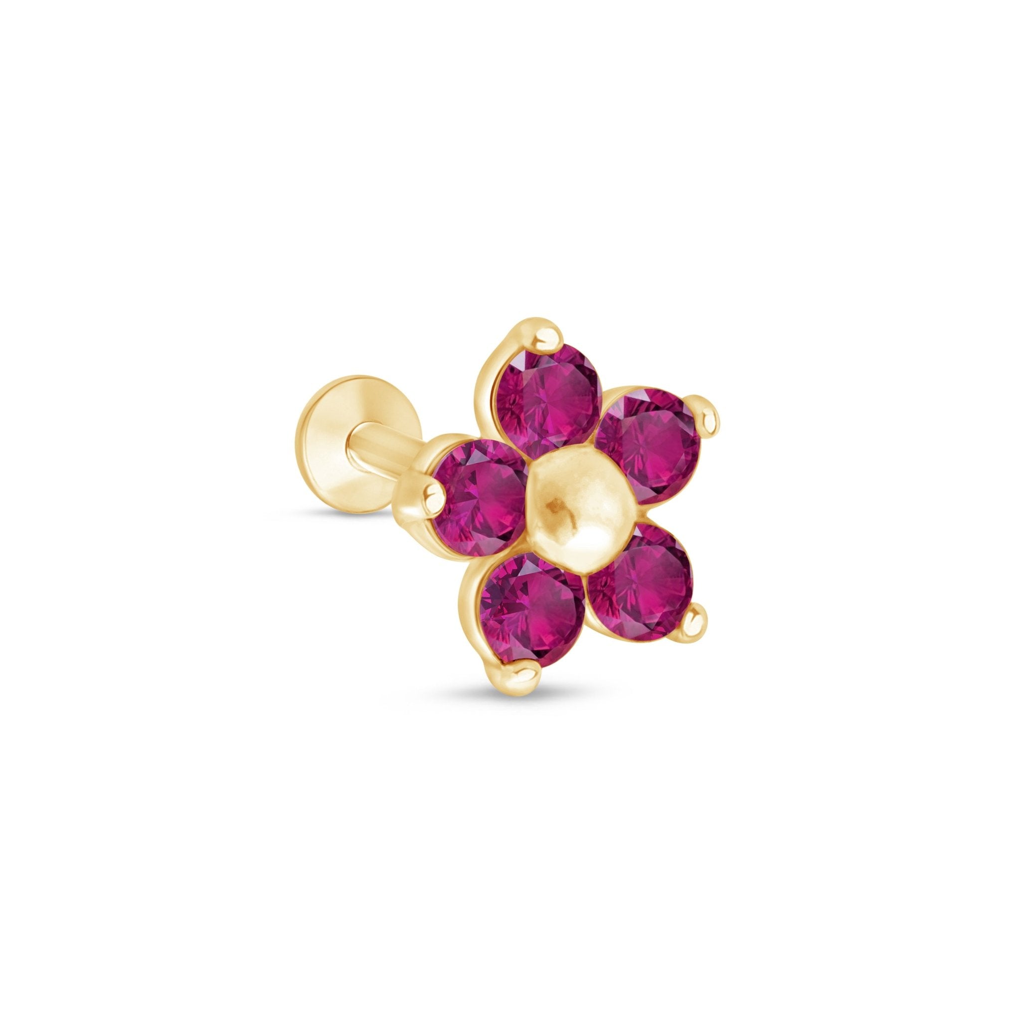 14K Solid Yellow Gold Ruby Flower Stud Earrings for Women - Elegant Floral Jewelry for Daily Wear, Parties & Special Occasions
