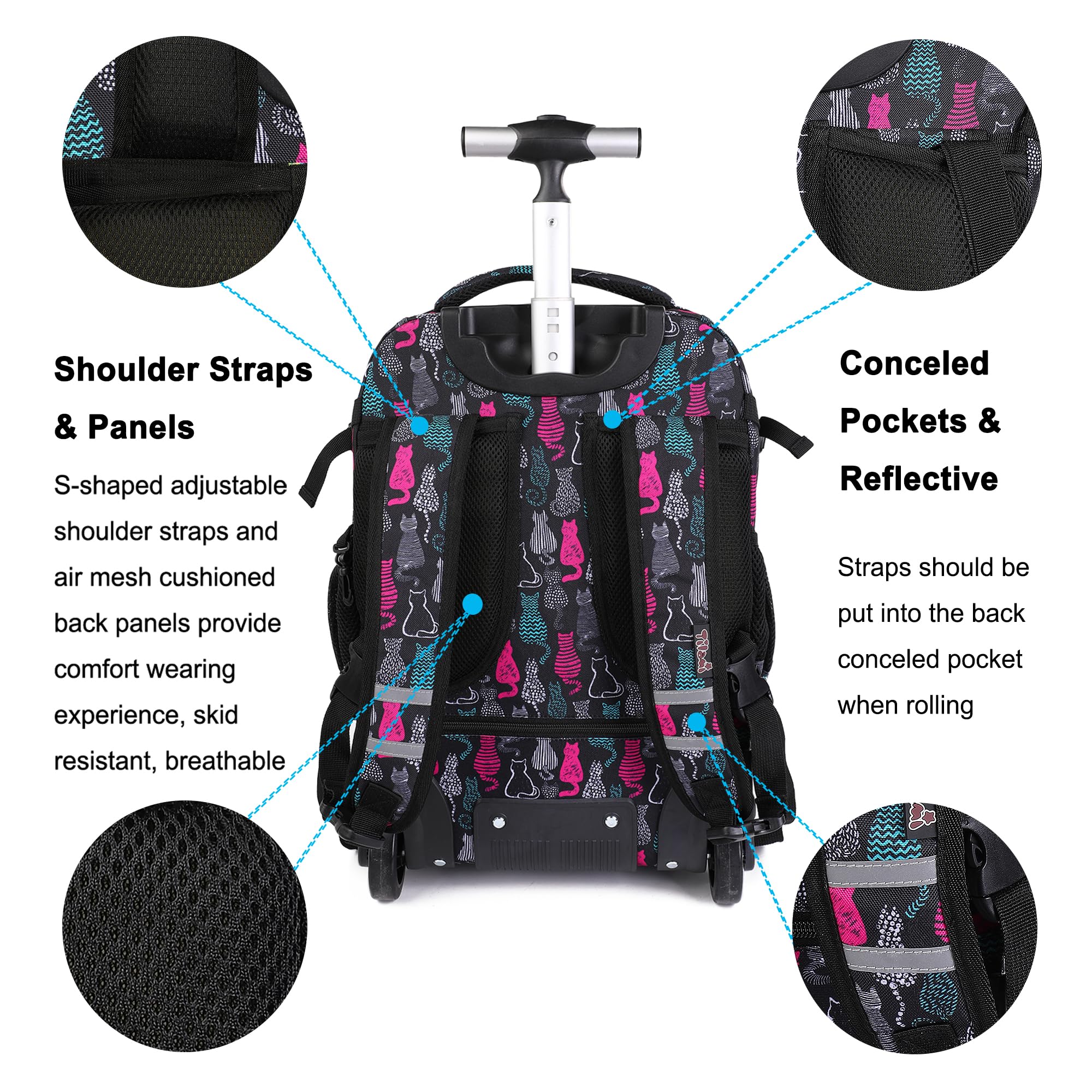 Tilami 19 Inch Rolling Backpack with Lunchbox - Wheeled Laptop Backpack for School & Travel - Durable Cat Black Design for Students & Professionals