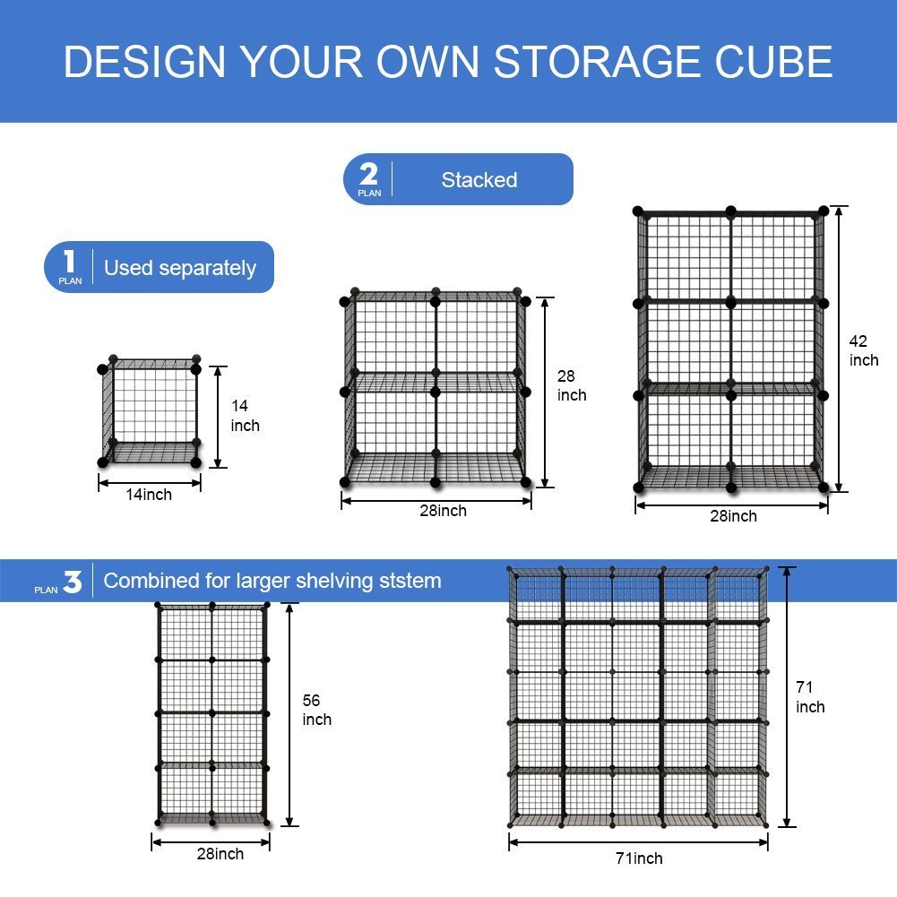 KOUSI 25-Cube DIY Wire Storage Shelf - Modular Metal Grid Organizer, Stackable Cubby Shelving for Closet, Office, Garage - Black