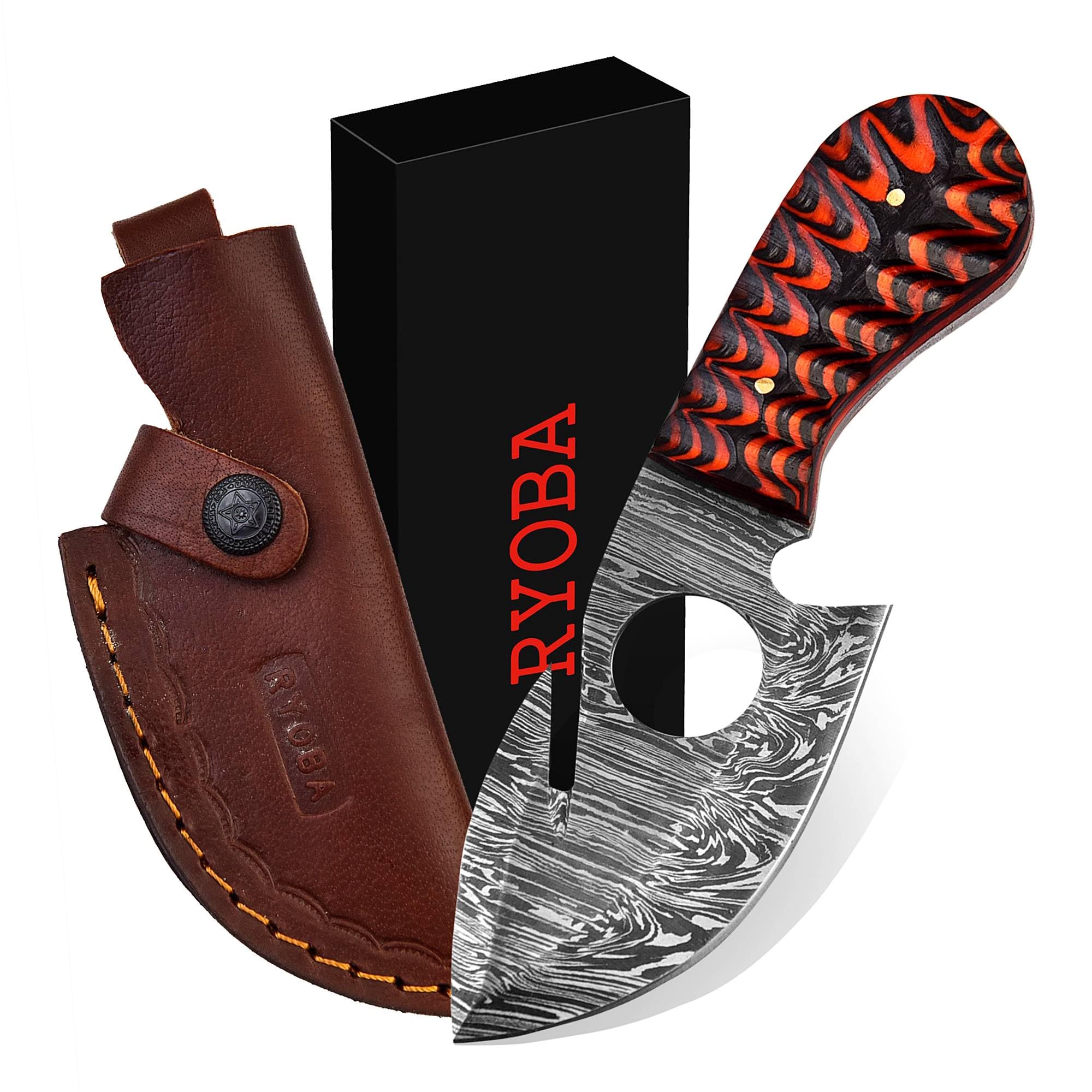 RYOBA Damascus Skinning Knife with Gut Hook - Handmade Damascus Steel Fixed Blade Hunting Knife - Orange/Black - Perfect for Field Dressing, Big Game Hunting & Outdoor Survival