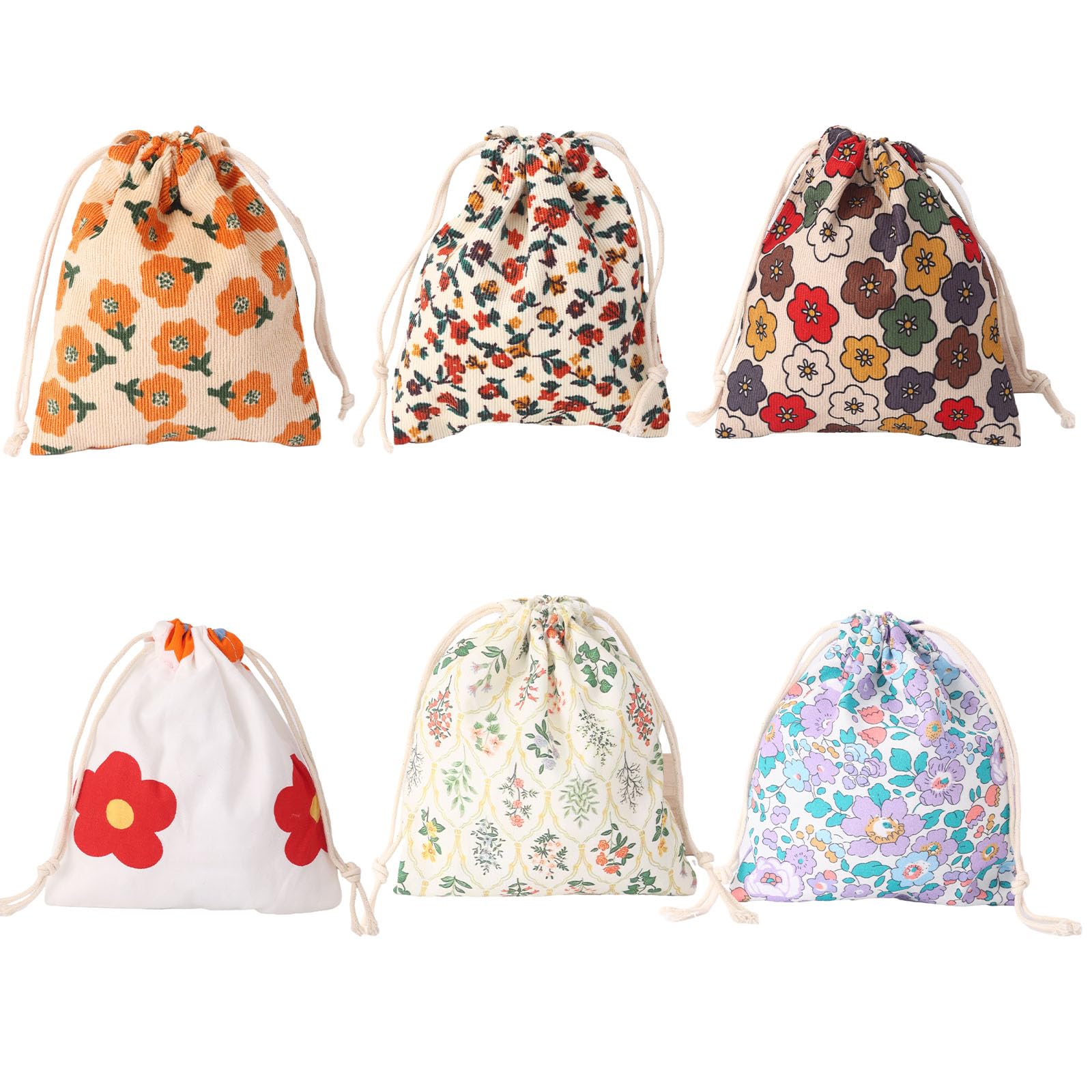 6-Piece Floral Drawstring Makeup Bags for Women - Portable Mini Cosmetic Pouches for Travel, Jewelry & Headphone Storage | Perfect for Organizing Cosmetics, Accessories & Essentials On-The-Go