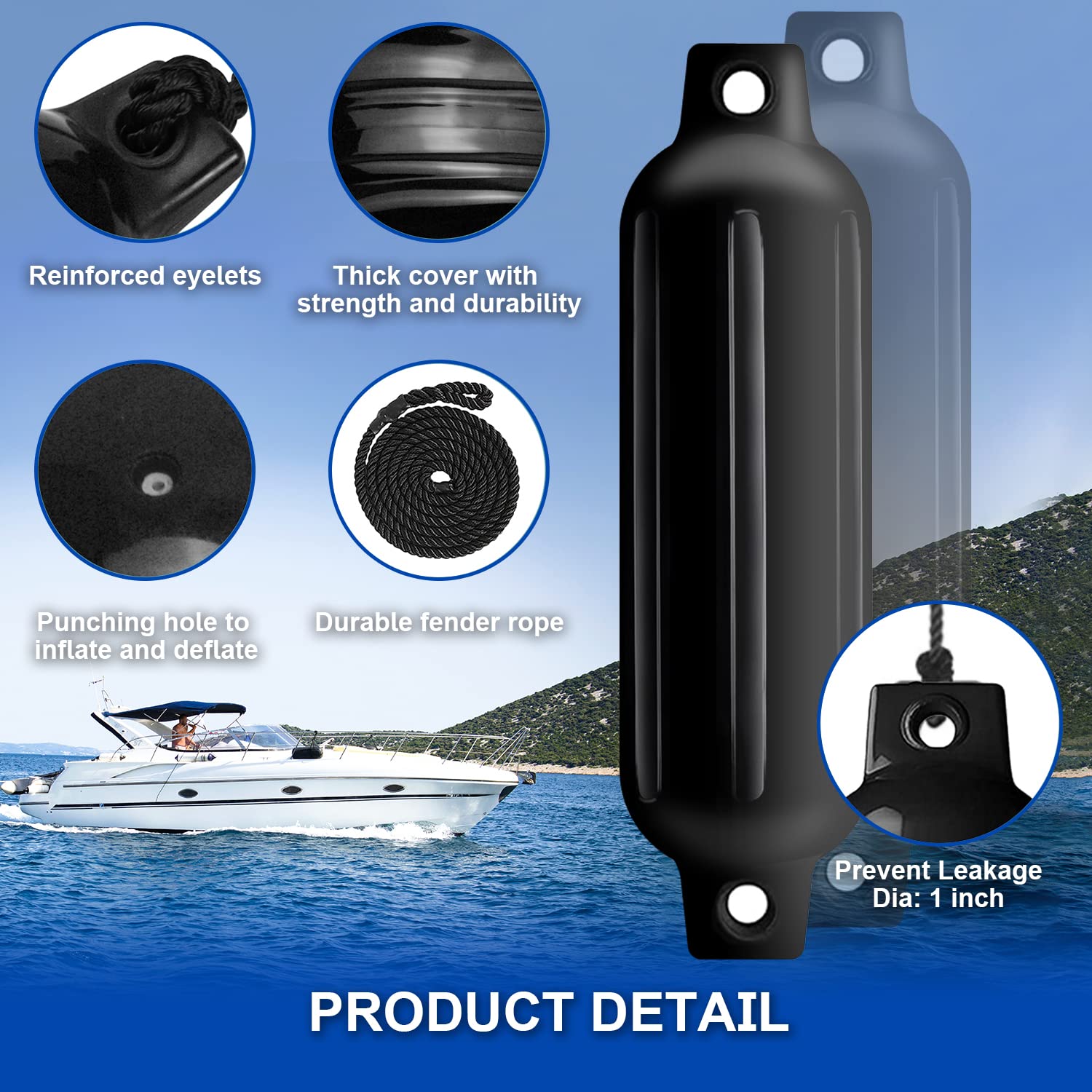 **4 Pack Inflatable Boat Fenders with Ropes & Pump - Heavy Duty Ribbed Marine Bumpers for Docking, Mooring & Boat Protection (Includes 4 Needles)** - Perfect for Yachts, Sailboats, and Dockside Safety