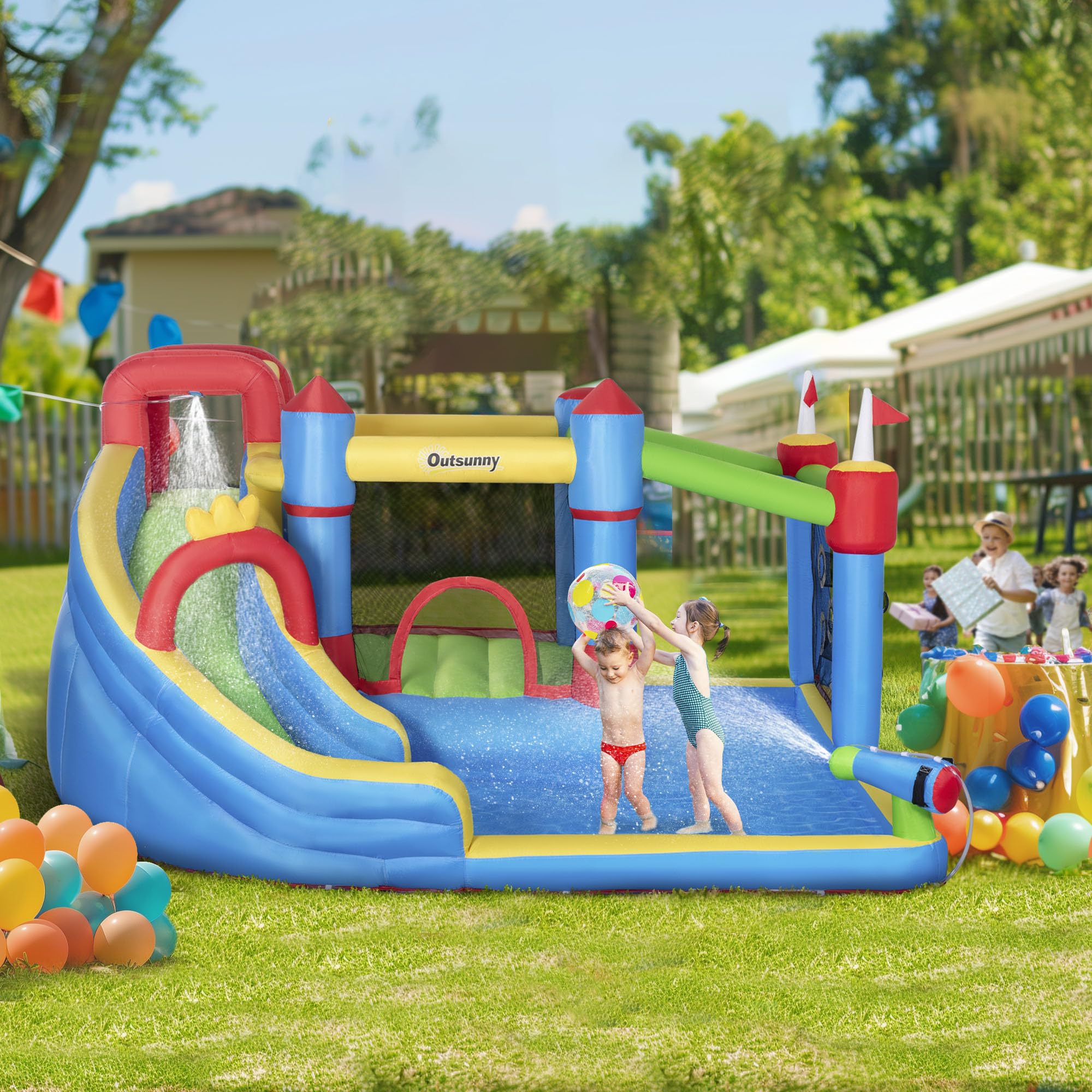 Outsunny 6-in-1 Inflatable Bounce House with Slide, Climbing Wall & Water Cannon - Kids Outdoor Water Play Set - Fast 2-Minute Inflation - Perfect for Backyard Parties, Summer Fun & Birthday Celebrations