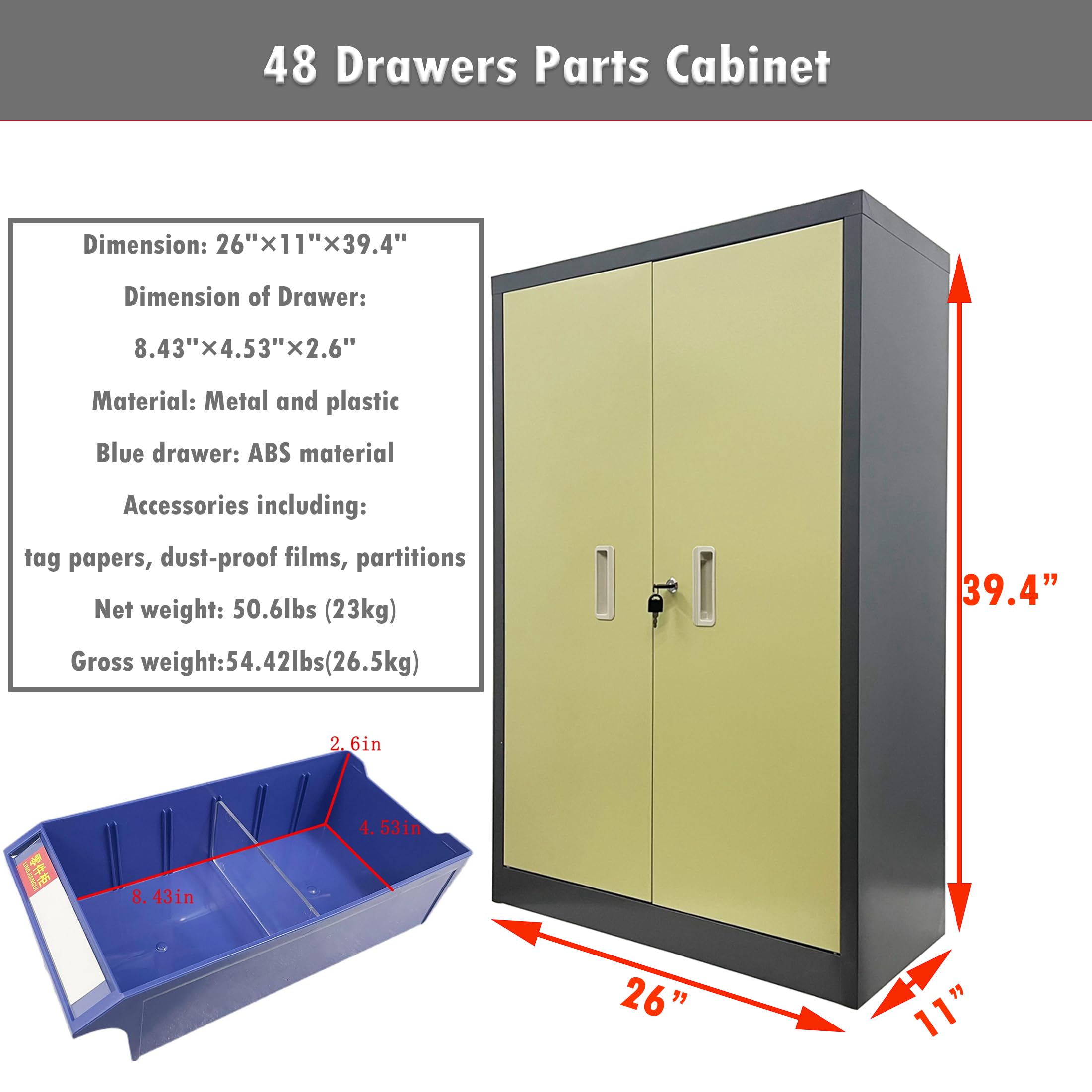 INTSUPERMAI 48-Drawer Parts Storage Cabinet with Door - Organizer for Screws, Nails, Beads, Nuts & Small Hardware - Blue Tool Cabinet for Workshop, Garage & Craft Room Organization