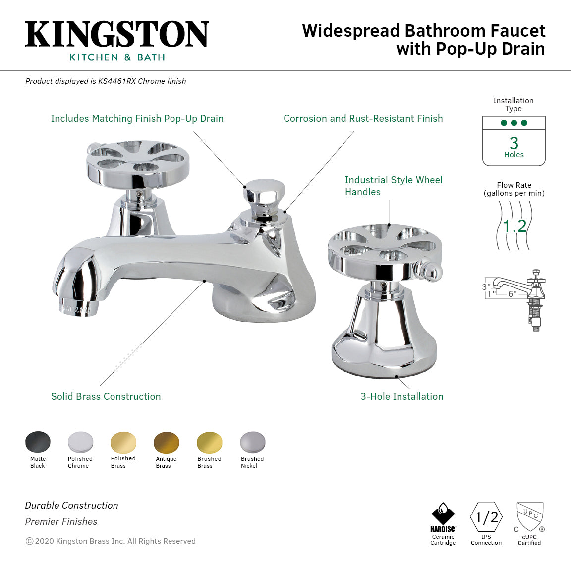 Belknap KS4468RX Brushed Nickel Widespread Bathroom Faucet - 3 Hole Deck Mount with Brass Pop Up Drain - Perfect for Modern Bathroom Vanities and Sink Upgrades