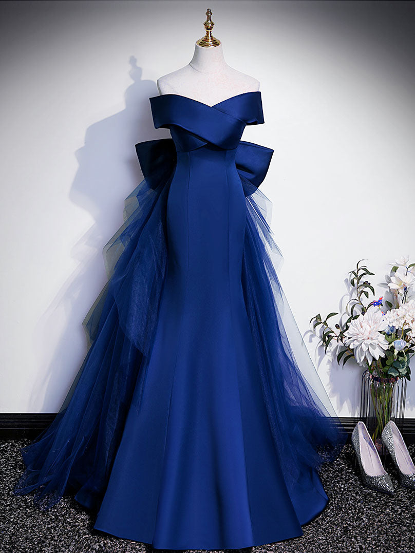 Elegant Royal Blue Mermaid Satin Long Prom Dress - Off Shoulder Blue Evening Gown for Formal Events, Homecoming, Weddings & Special Occasions