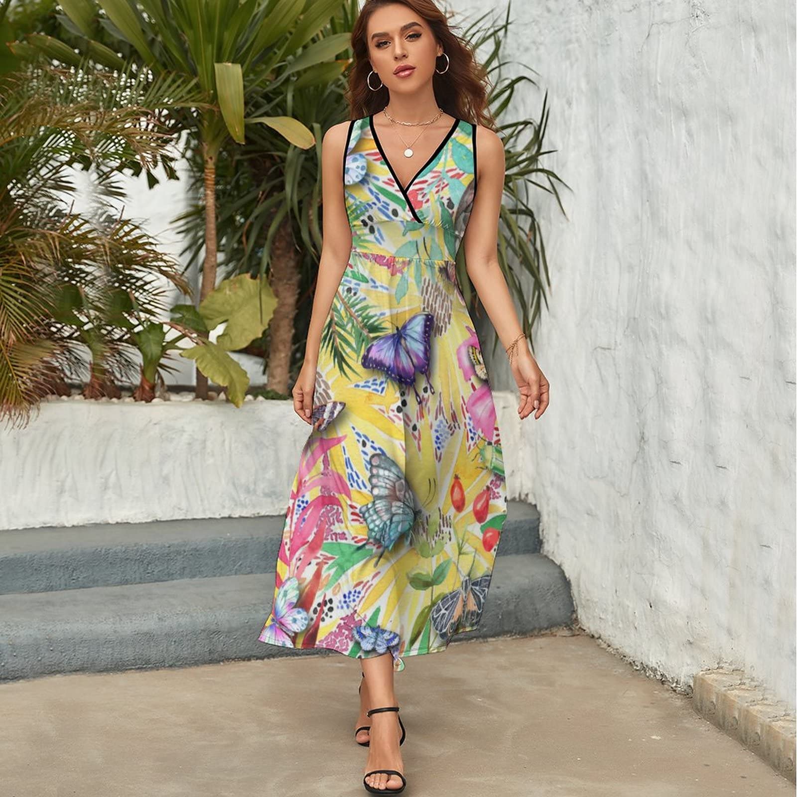 Women's Maxi Dress with Multicolored Butterflies Print - V Neck Sleeveless Summer Dress for Beach, Vacation & Casual Wear | Flowy Long Dress for Women