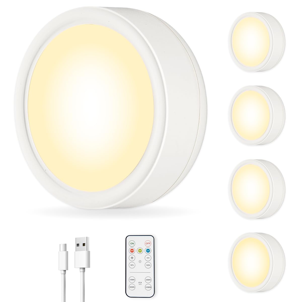 Rechargeable Under Cabinet LED Puck Lights - Wireless Battery Operated with Remote Control, Magnetic Kitchen Counter Lights, Tap Push Stick-on Closet Lighting for Shelves | Perfect for Kitchen, Pantry, Wardrobe & Display Cabinets