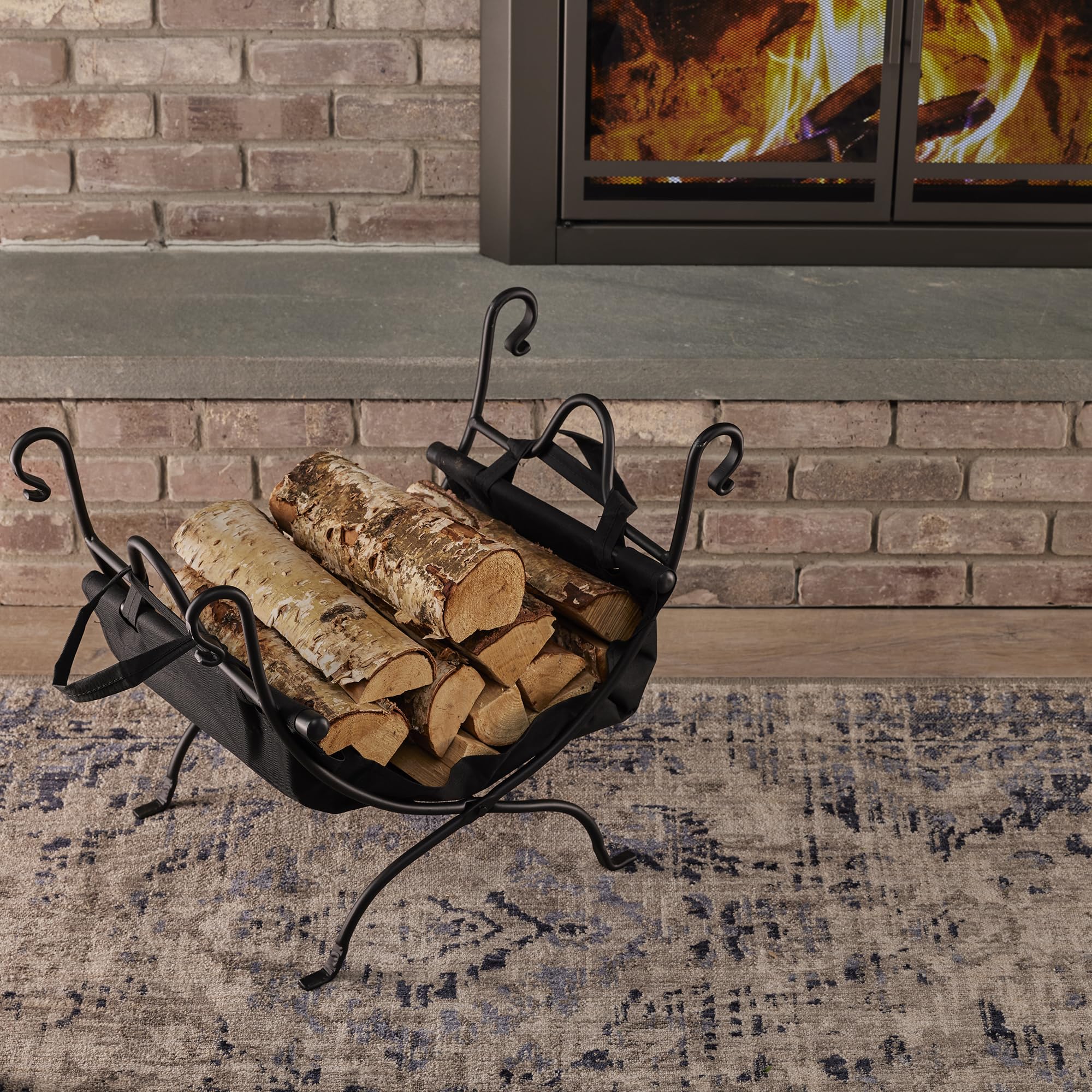 Uniflame Deluxe Wrought Iron Fire Pit Log Rack - Heavy Duty Black Firewood Holder for Indoor & Outdoor Use - Perfect for Fireplace, Patio, Camping and Backyard Gatherings