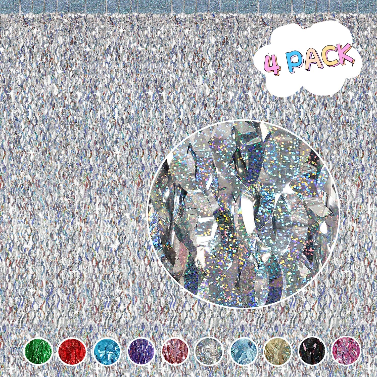 4 Pack Silver Tinsel Backdrop - 3.3 ft x 6.6 ft Metallic Foil Fringe Curtains for Photo Booth, Bachelorette Party, Birthday Decor - Perfect for Wedding, Baby Shower & Holiday Backgrounds