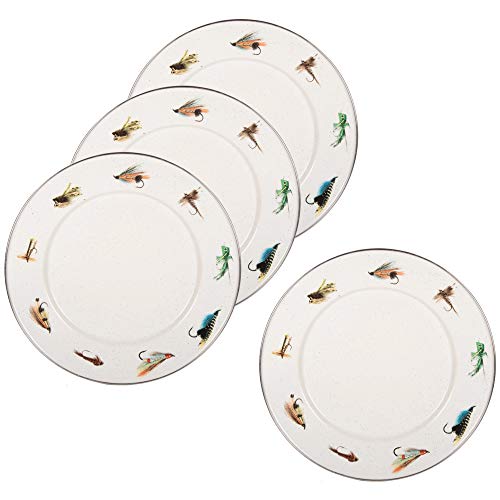 Premium Fly Fishing Enamelware Dinner Plates - 10.5 Inch Set of 4 - Durable Camping & Outdoor Dining Dishes for Picnics, BBQs and Rustic Home Decor